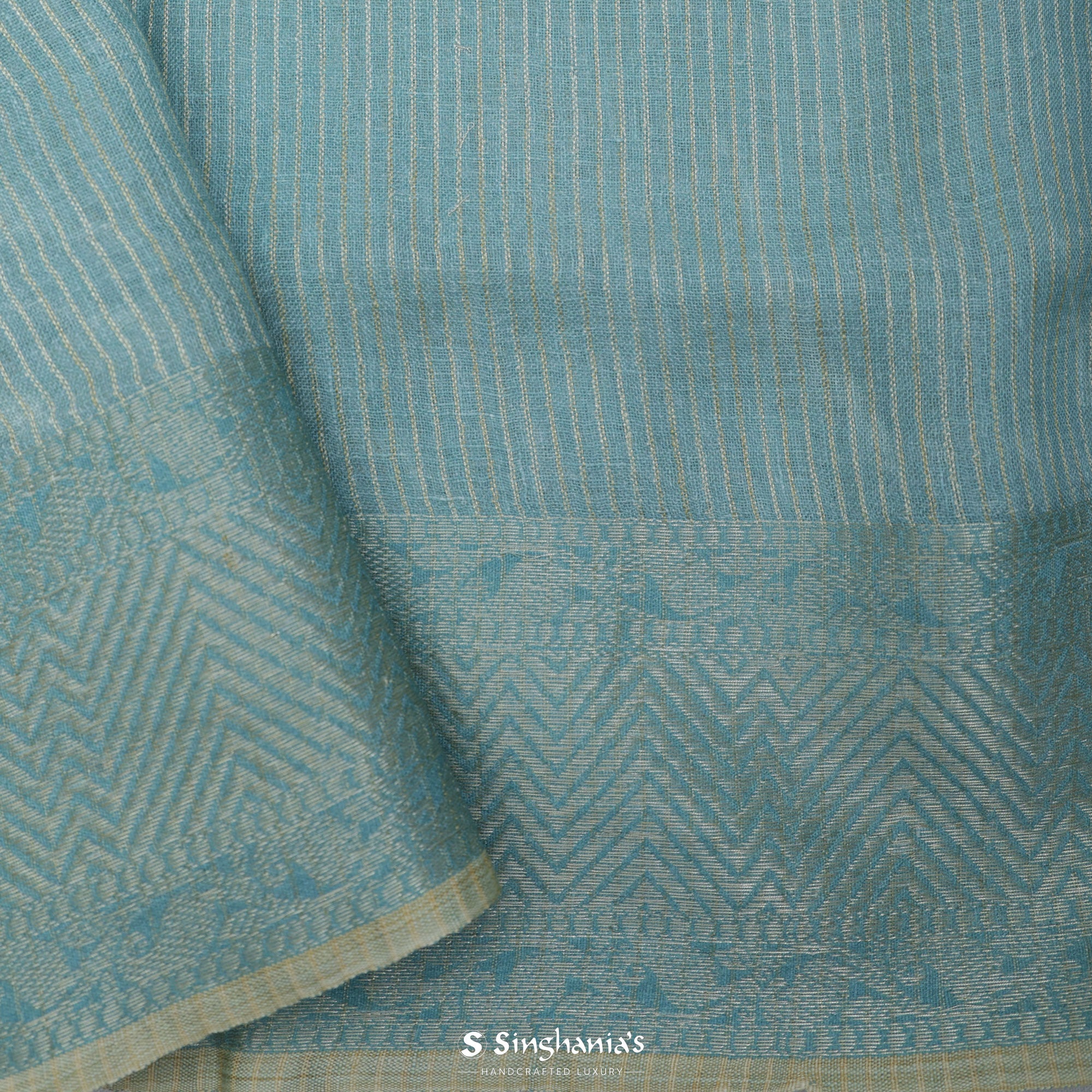 Celeste Blue Printed Linen Saree With Floral Jaal Design