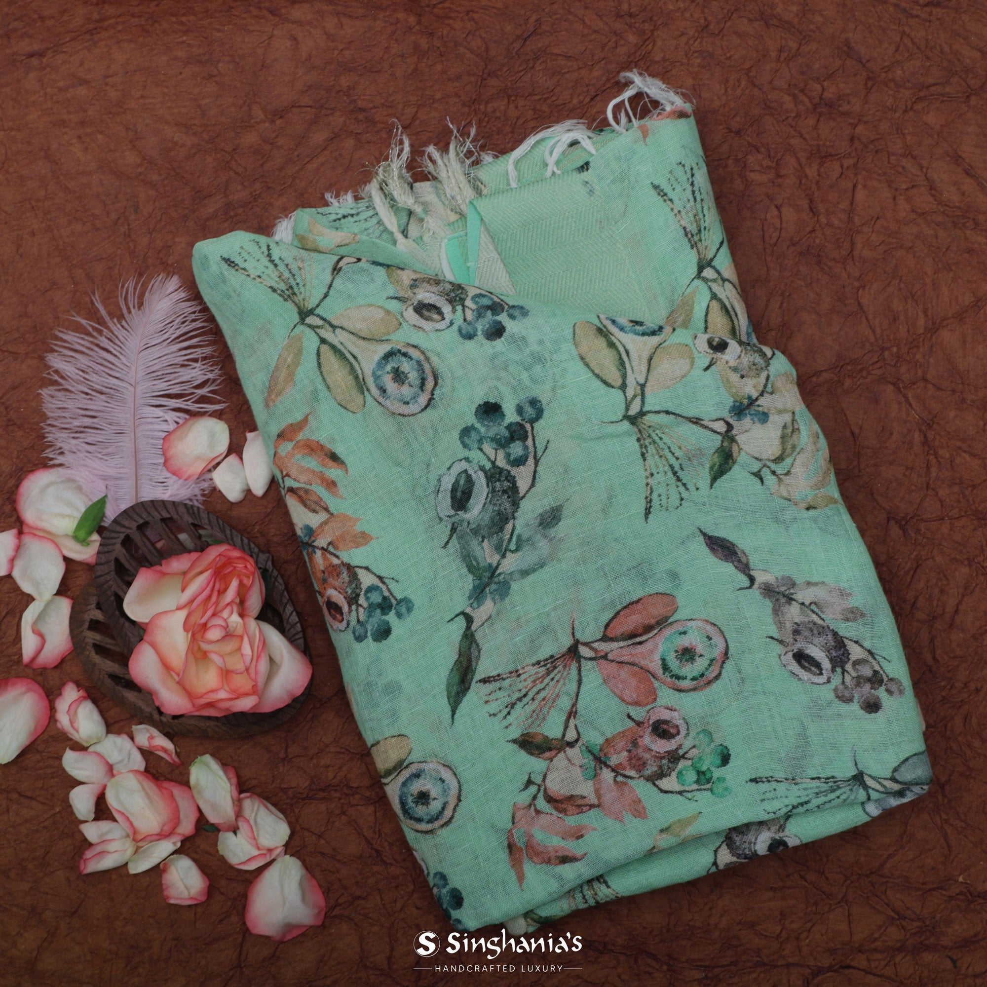 Tiffany Blue Printed Linen Saree With Floral Jaal Design