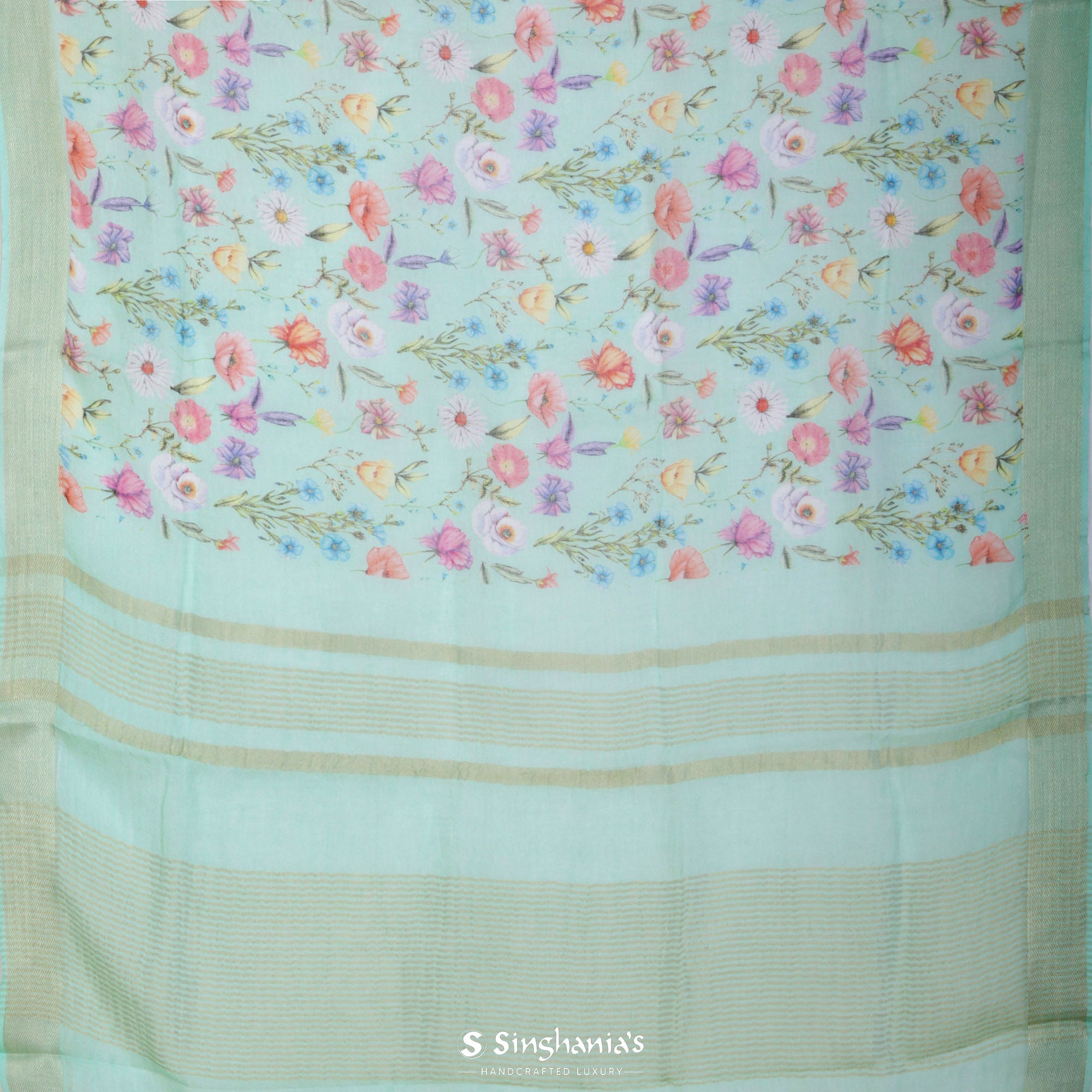 Mint Green Printed Linen Saree With Floral Jaal Design