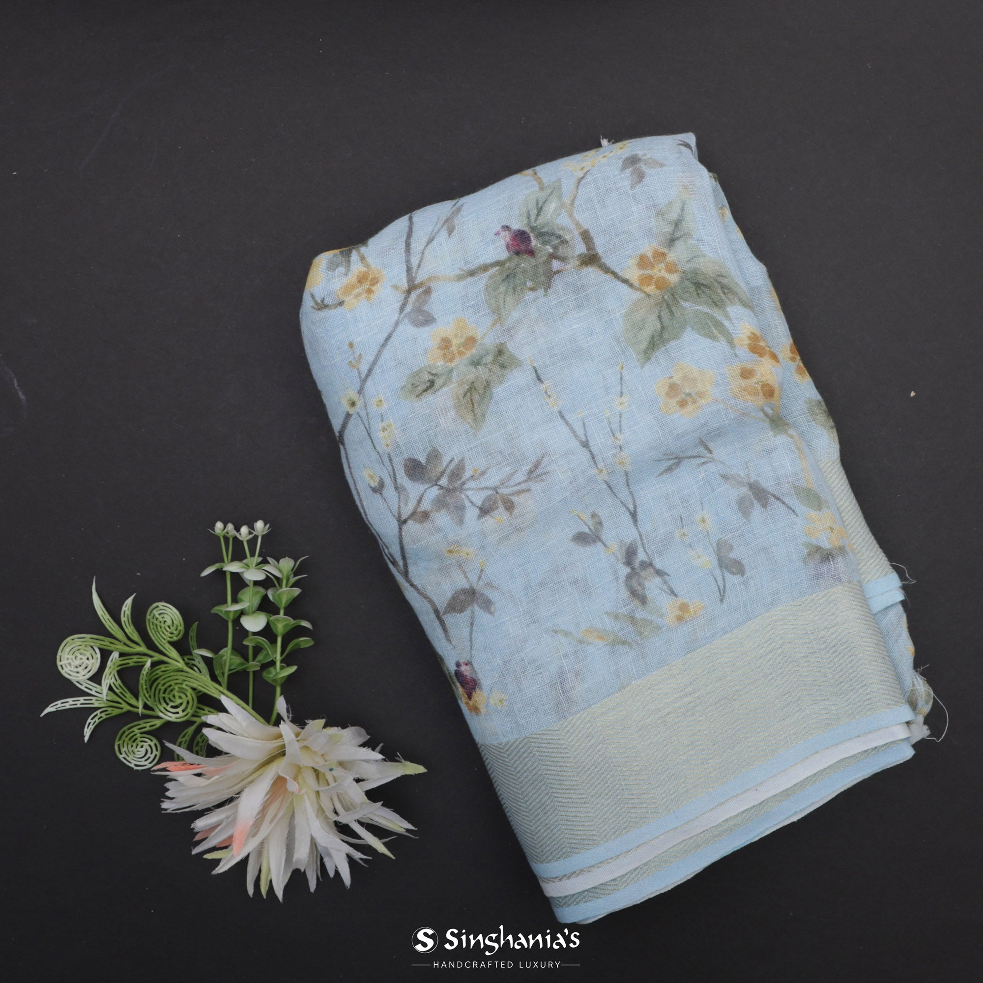 Pastel Blue Printed Linen Saree With Floral Jaal Design