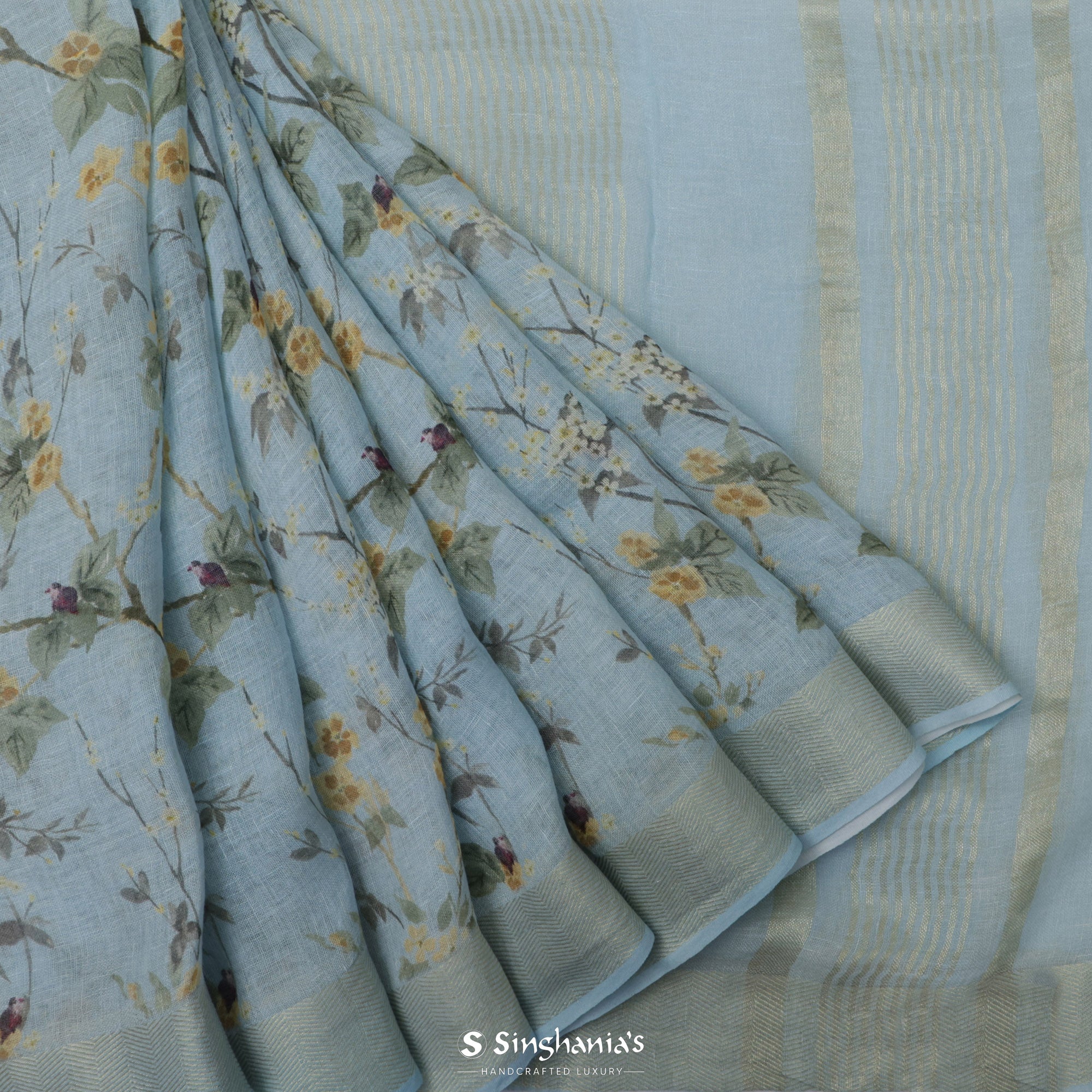 Pastel Blue Printed Linen Saree With Floral Jaal Design