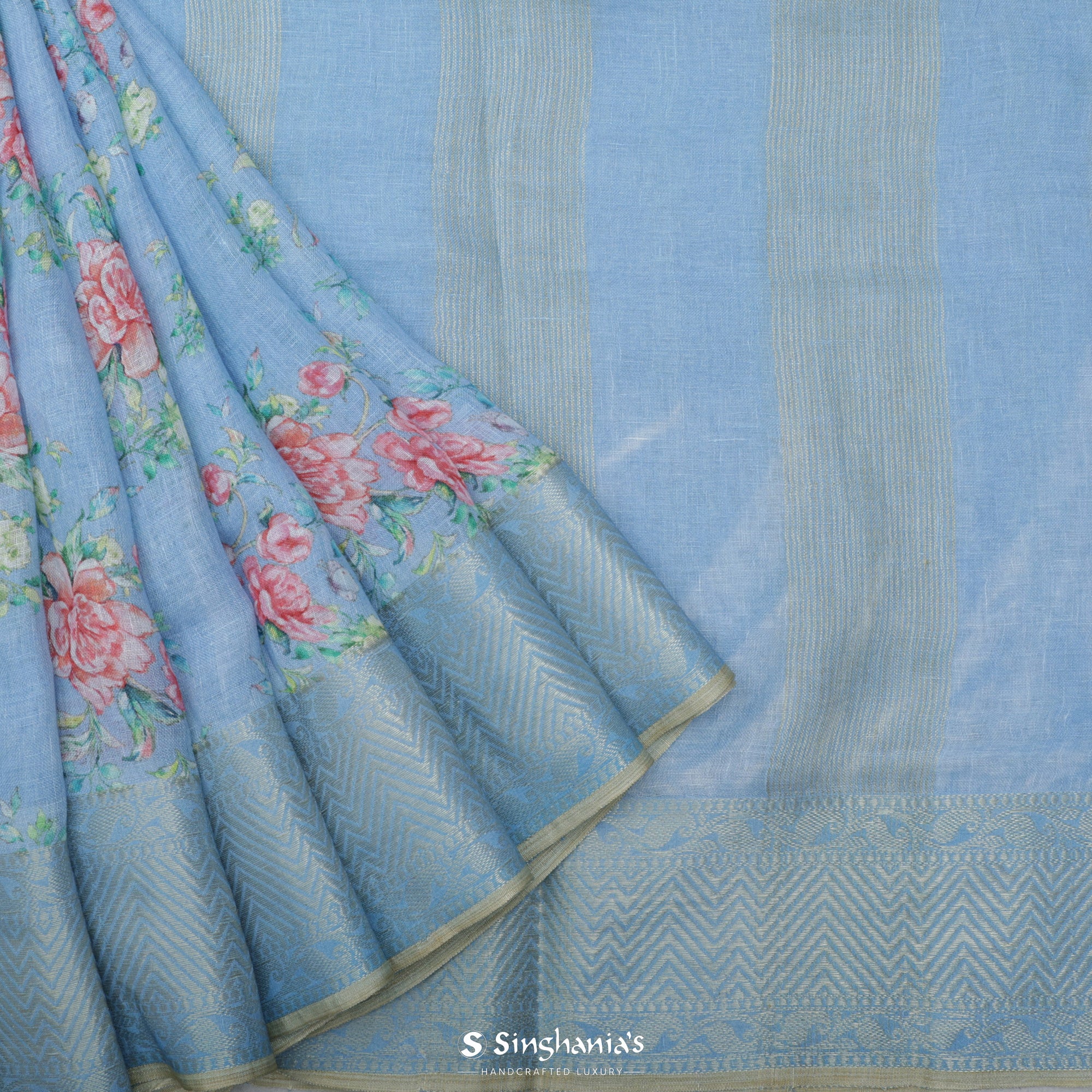 Ruddy Blue Printed Linen Saree With Floral Jaal Design