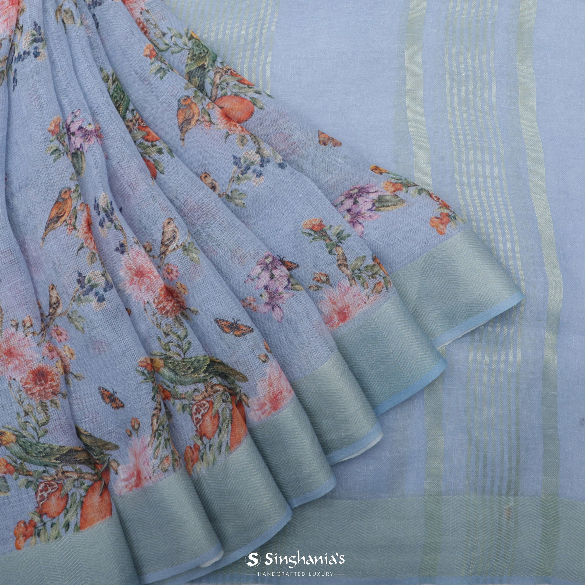 Cornflower Blue Printed Linen Saree With Floral Bird Pattern