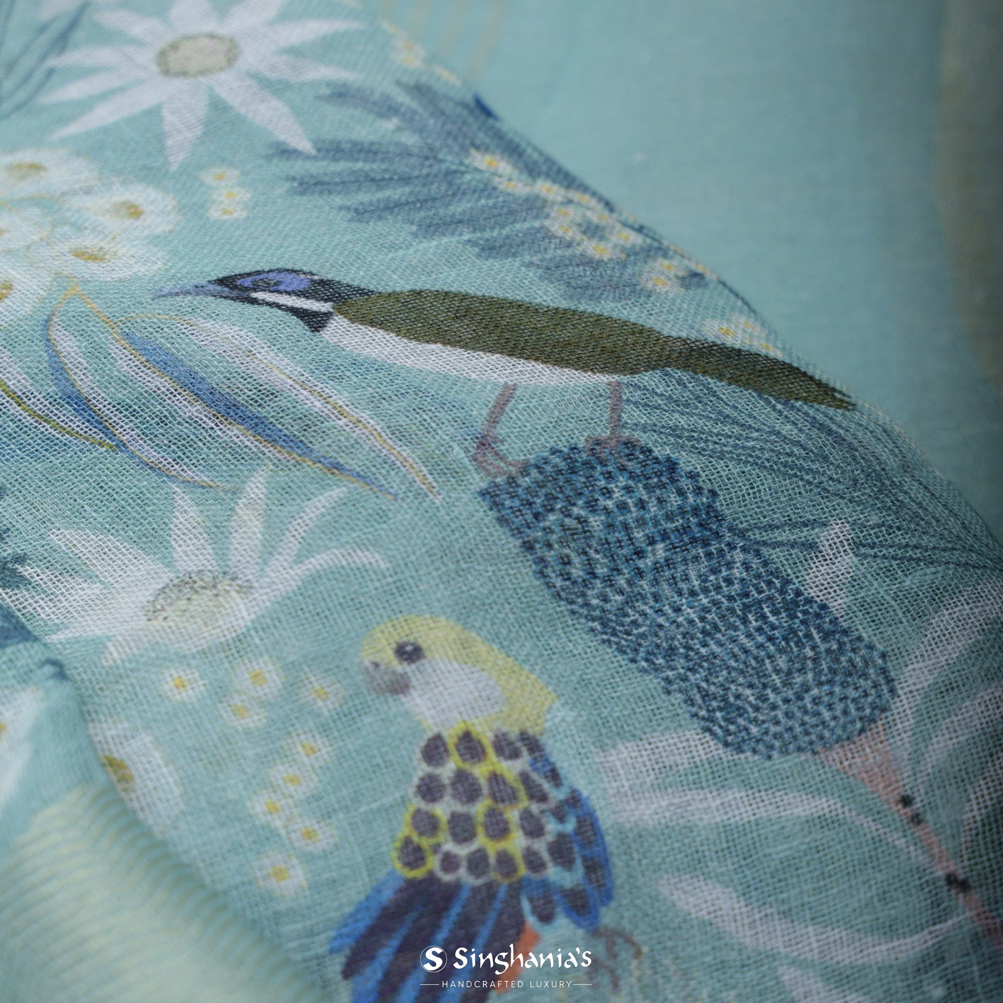 Arctic Blue Printed Linen Saree With Floral Bird Design