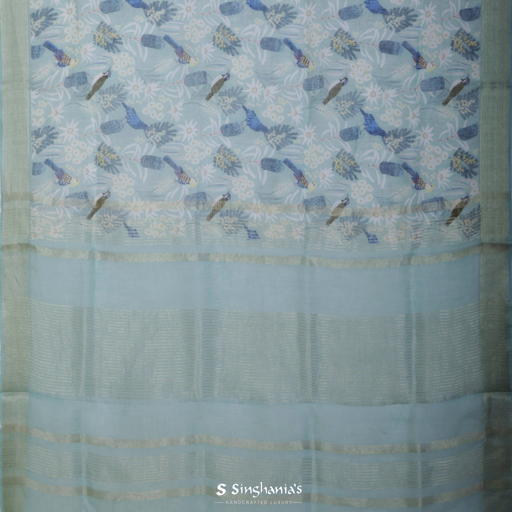 Arctic Blue Printed Linen Saree With Floral Bird Design