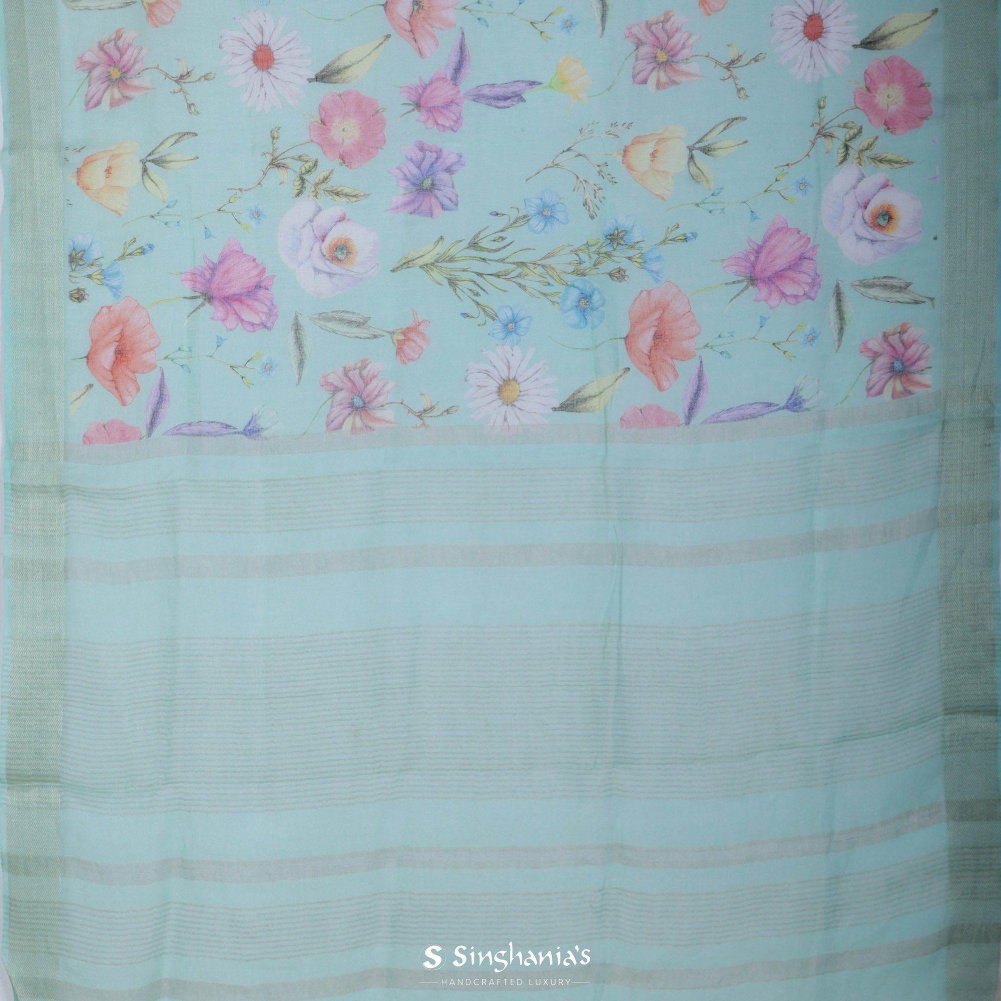 Aquamarine Blue Printed Linen Saree With Floral Jaal Design