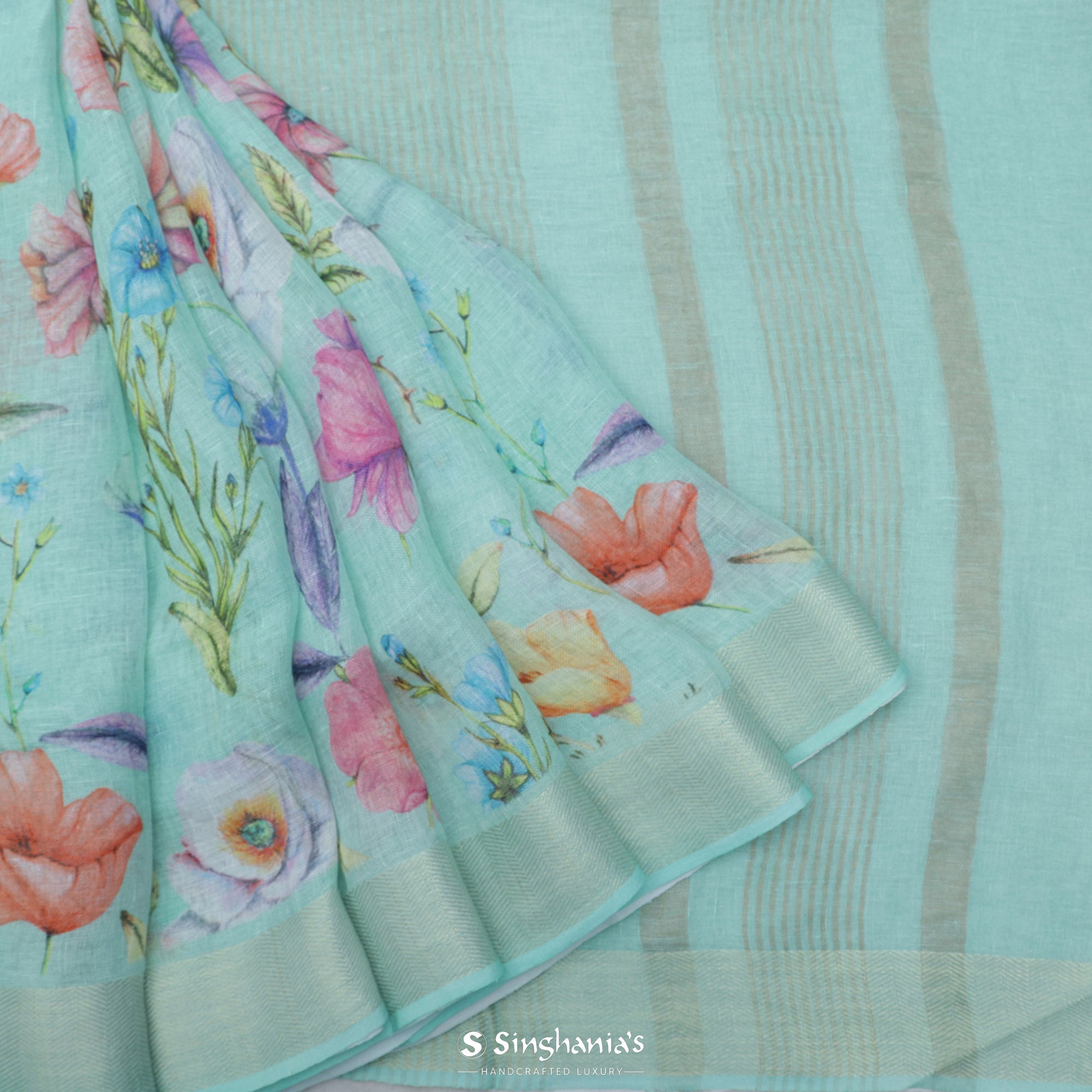 Aquamarine Blue Printed Linen Saree With Floral Jaal Design