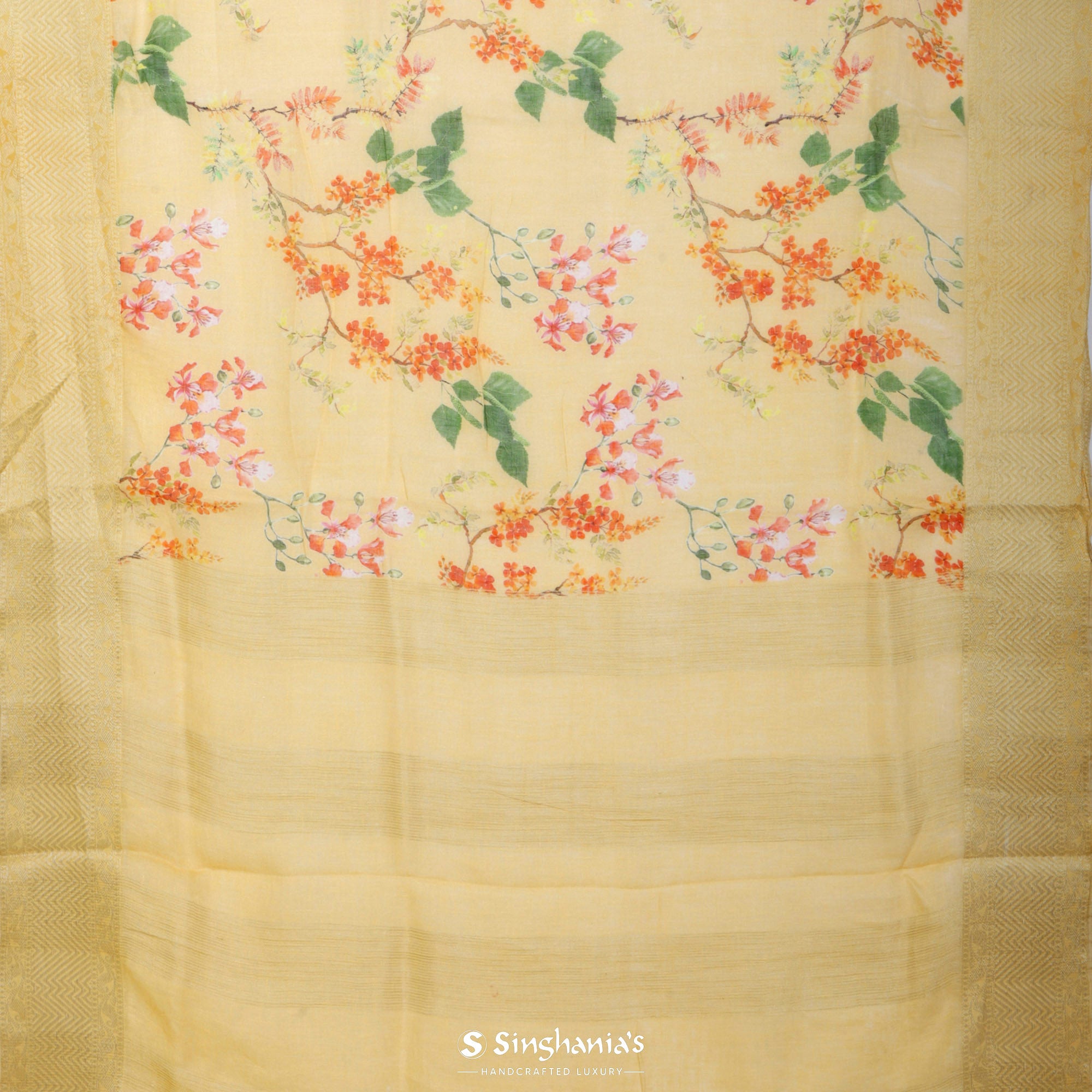 Arylide Yellow Printed Linen Saree With Floral Jaal Design