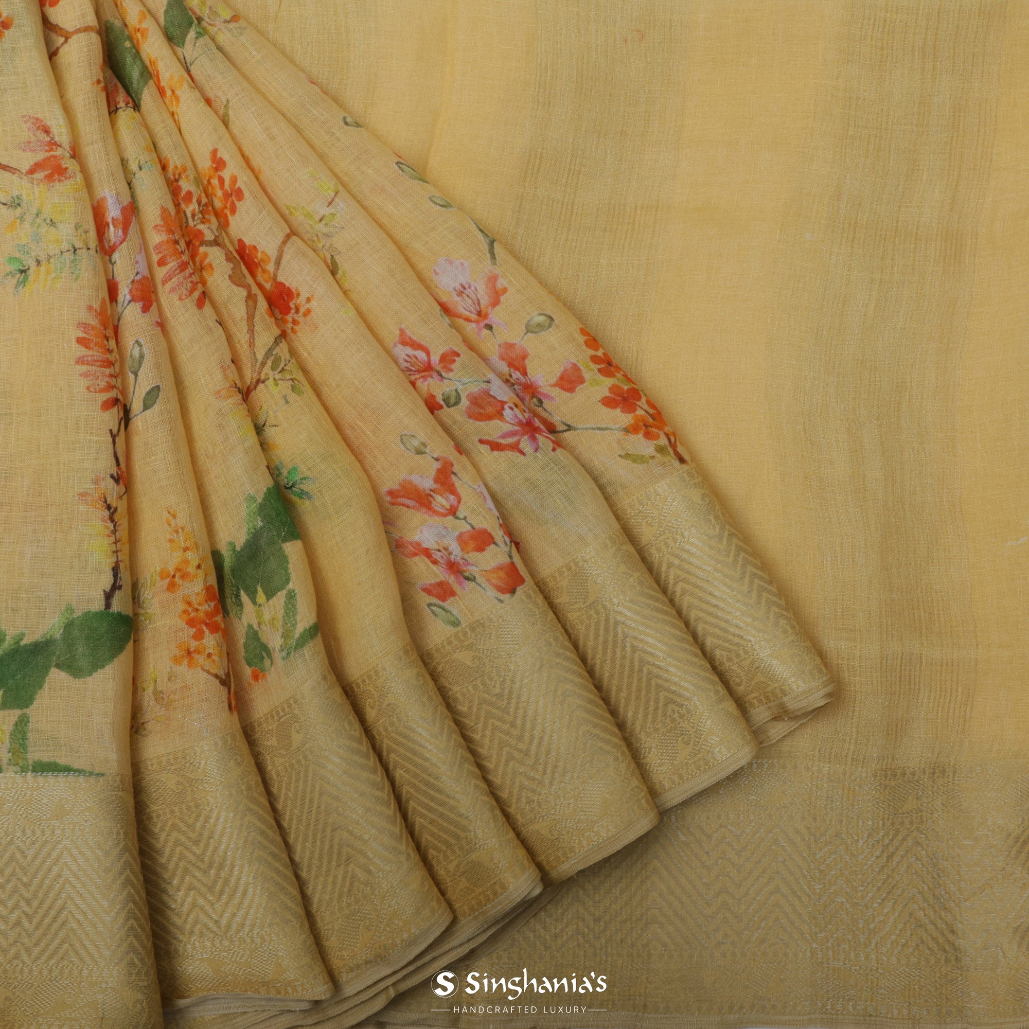 Arylide Yellow Printed Linen Saree With Floral Jaal Design