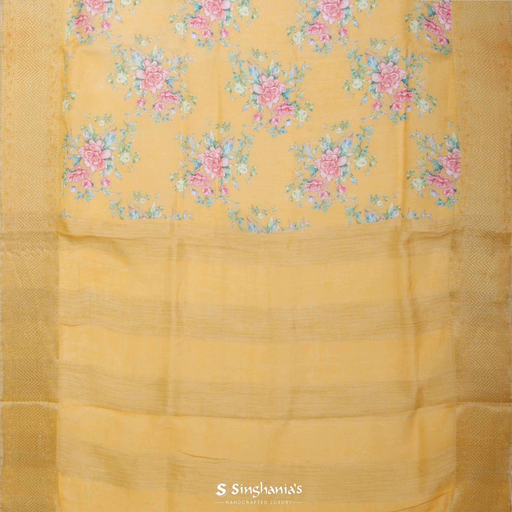 Royal Yellow Printed Linen Saree With Floral Jaal Design