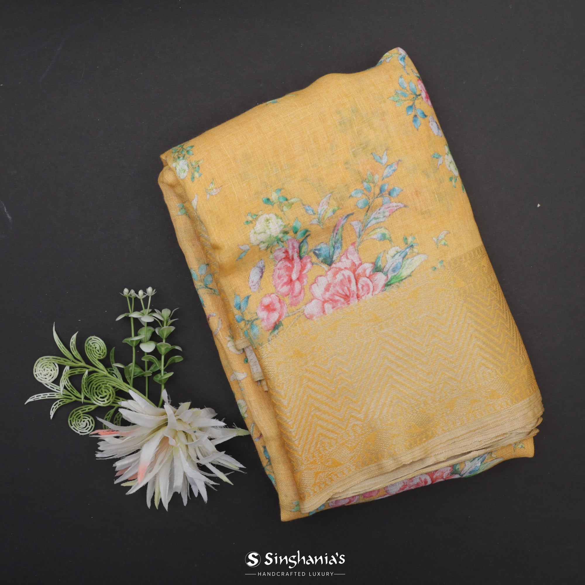 Royal Yellow Printed Linen Saree With Floral Jaal Design