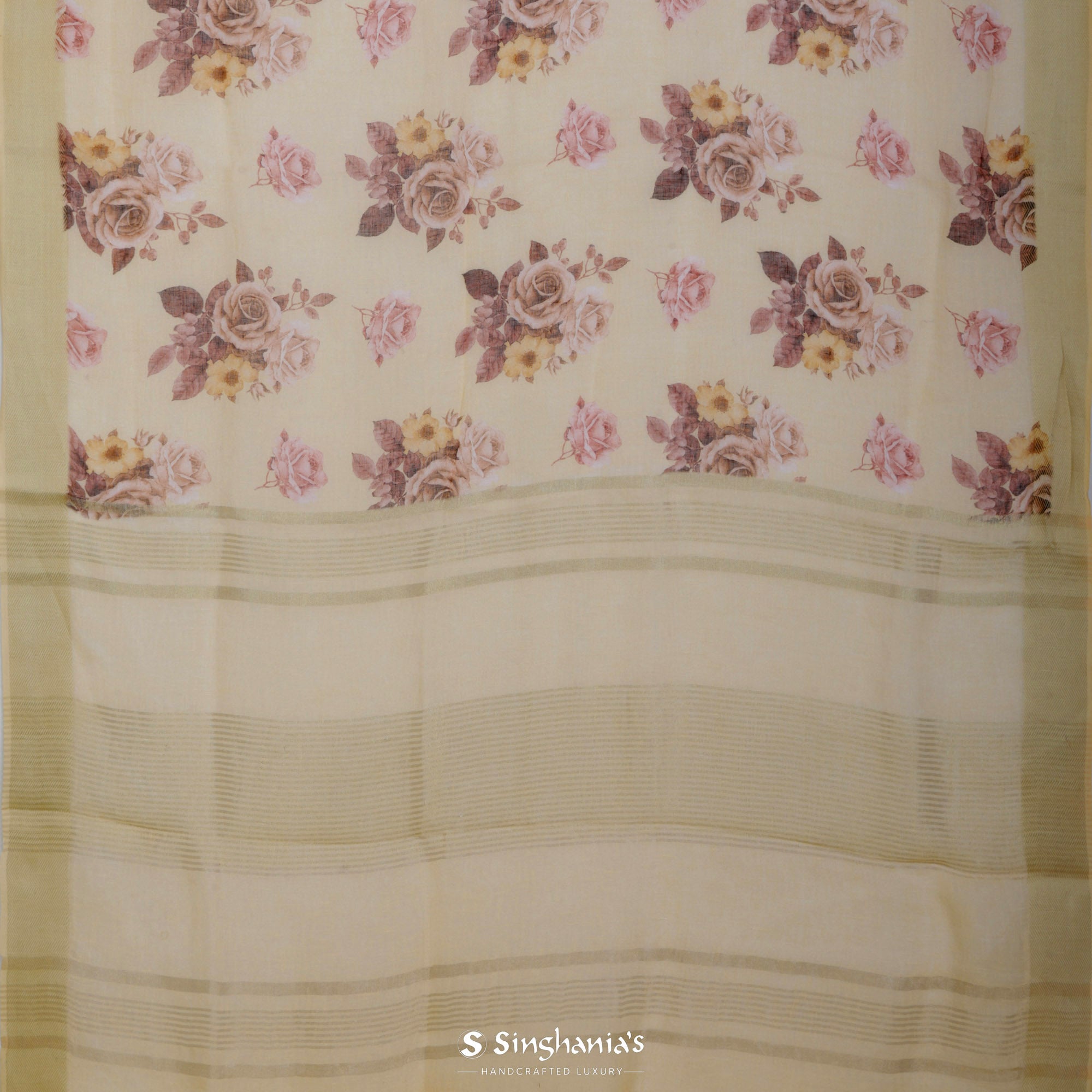 Pale Yellow Printed Linen Saree With Floral Design