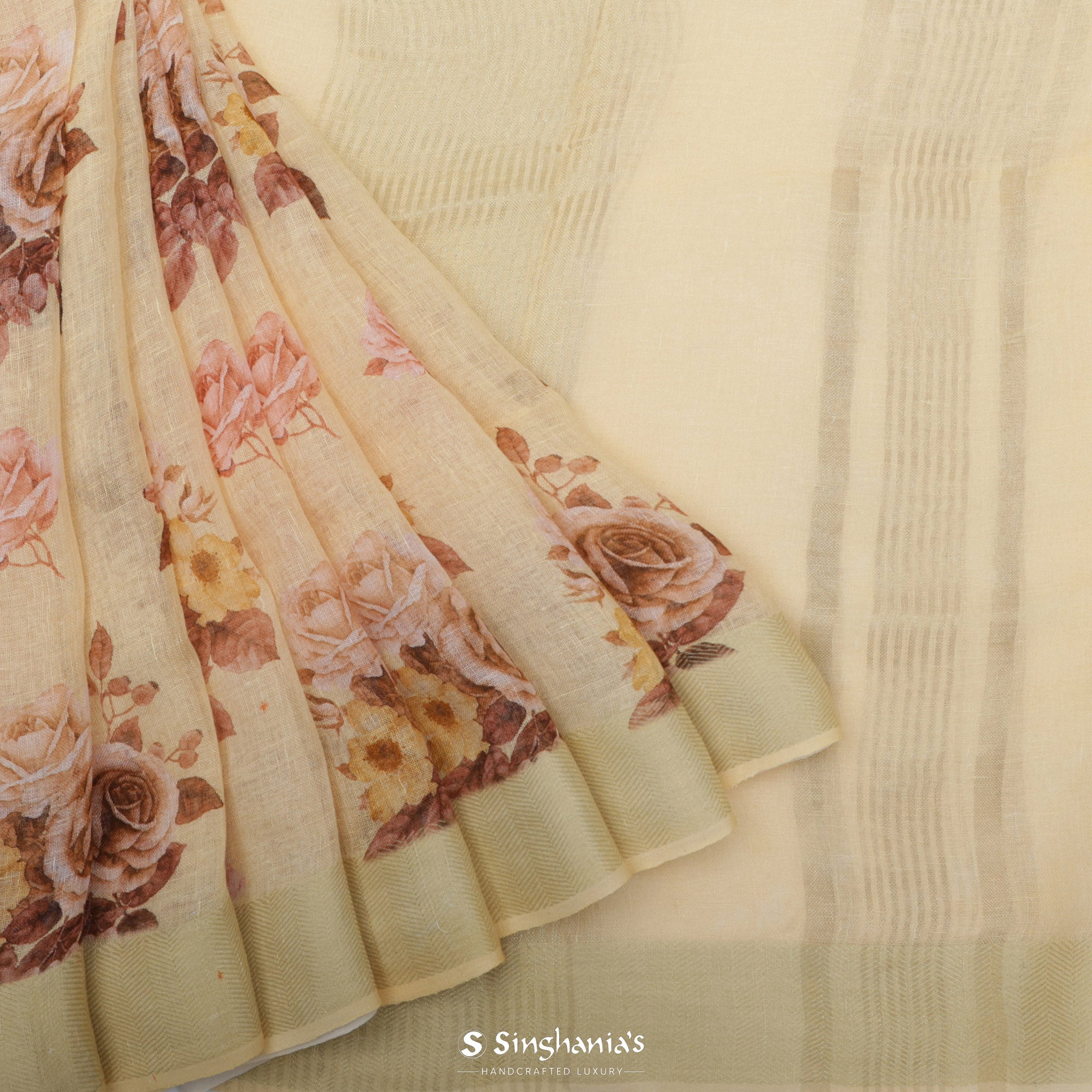 Pale Yellow Printed Linen Saree With Floral Design