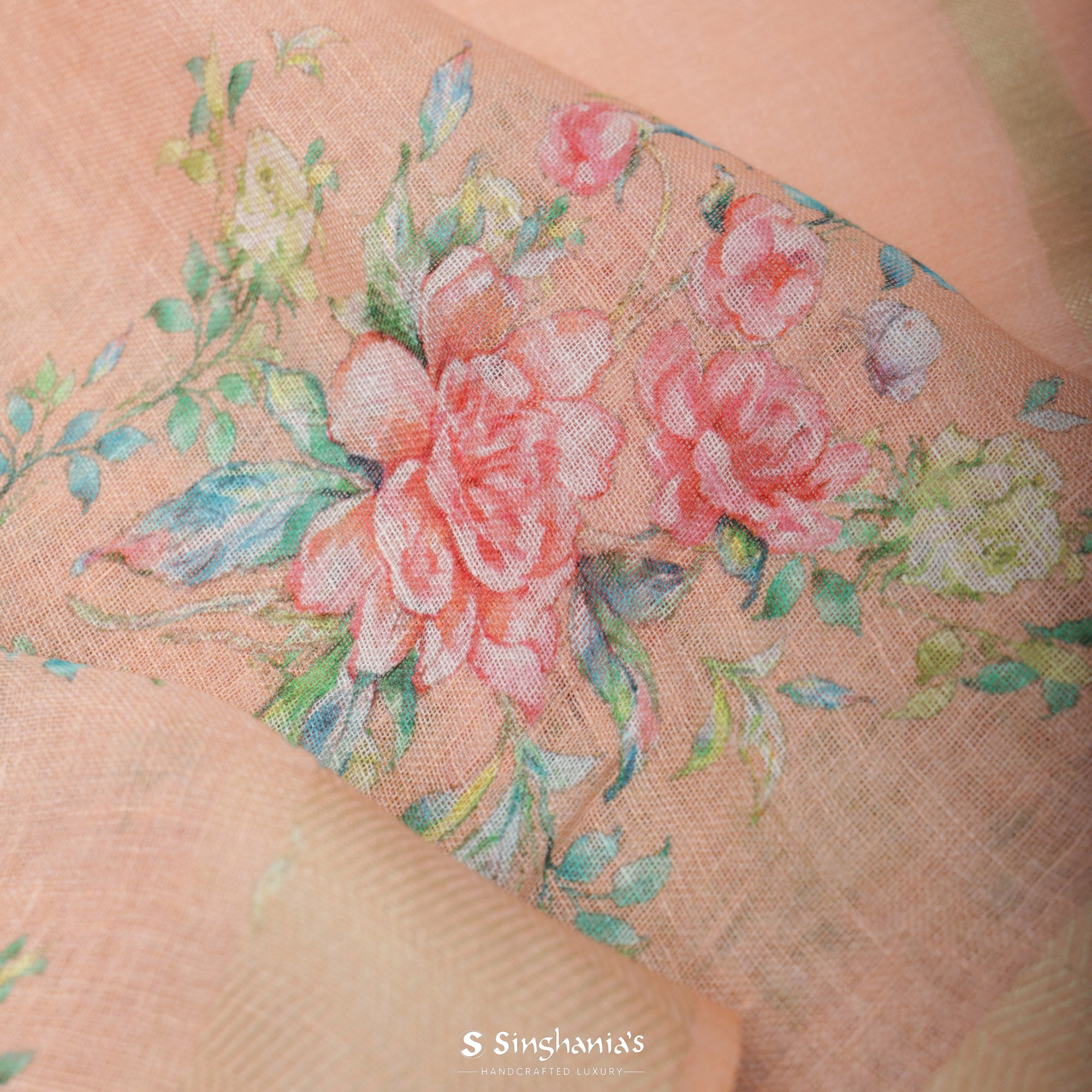 Malibu Peach Printed Linen Saree With Floral Jaal Design