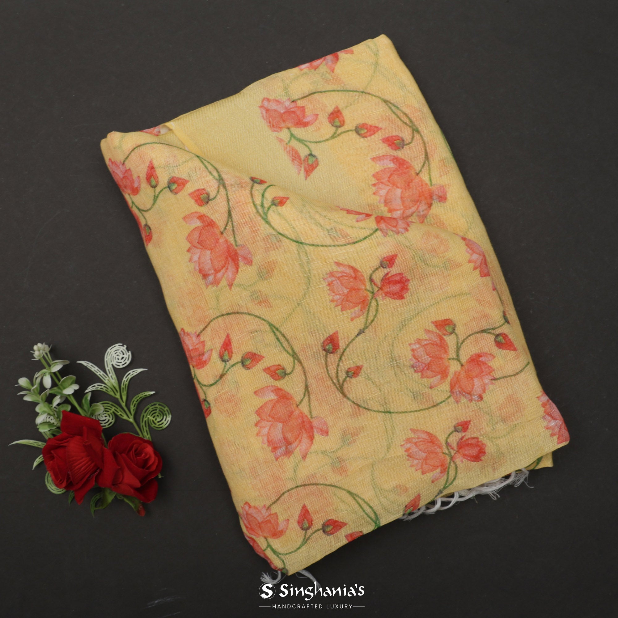 Pastel Yellow Printed Linen Saree With Floral Jaal Design