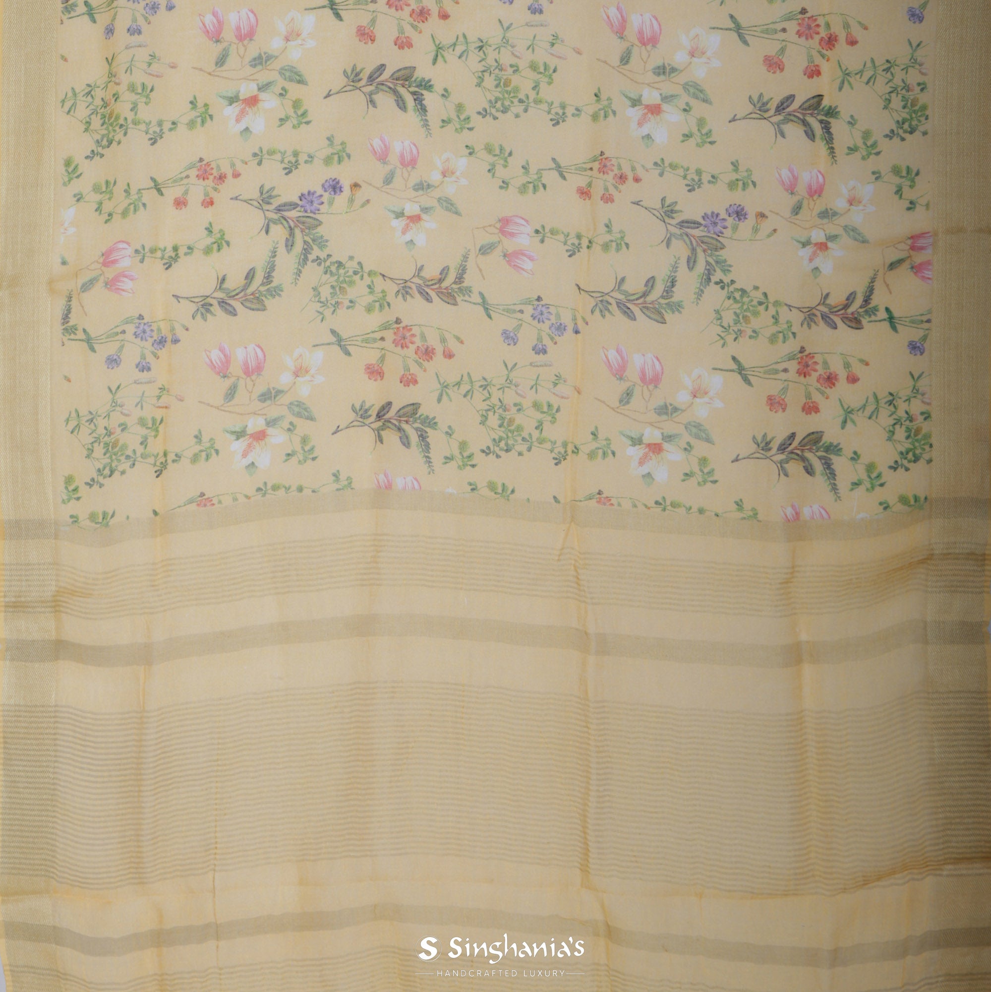 Macaroon Yellow Printed Linen Saree With Floral Jaal Design