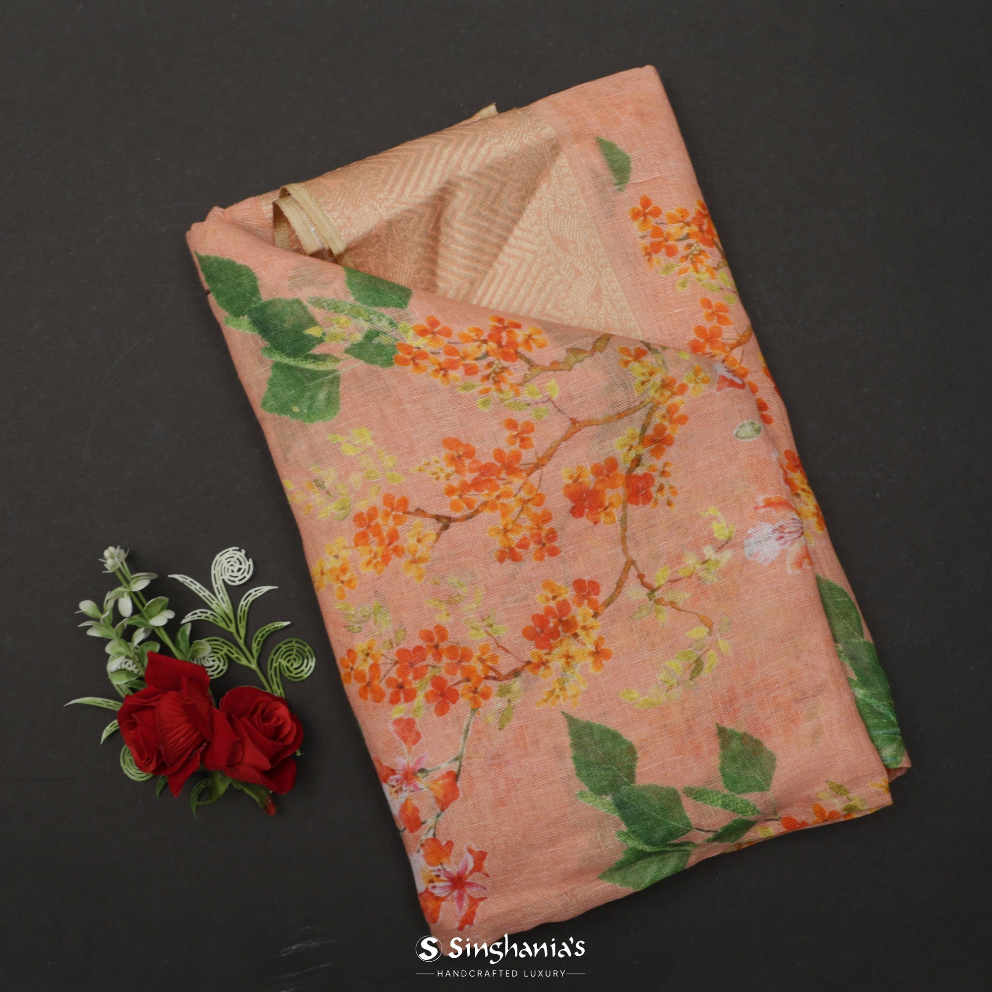 Salmon Peach Printed Linen Saree With Floral Jaal Design