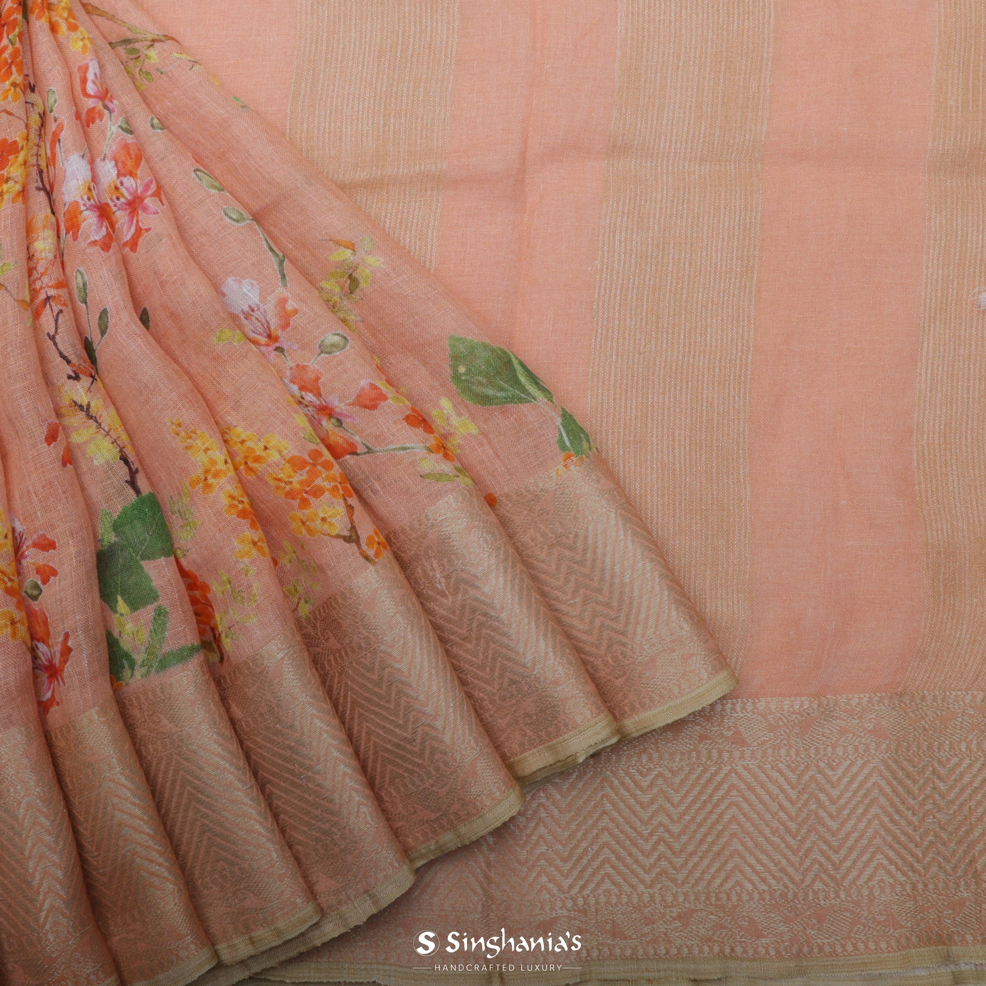 Salmon Peach Printed Linen Saree With Floral Jaal Design