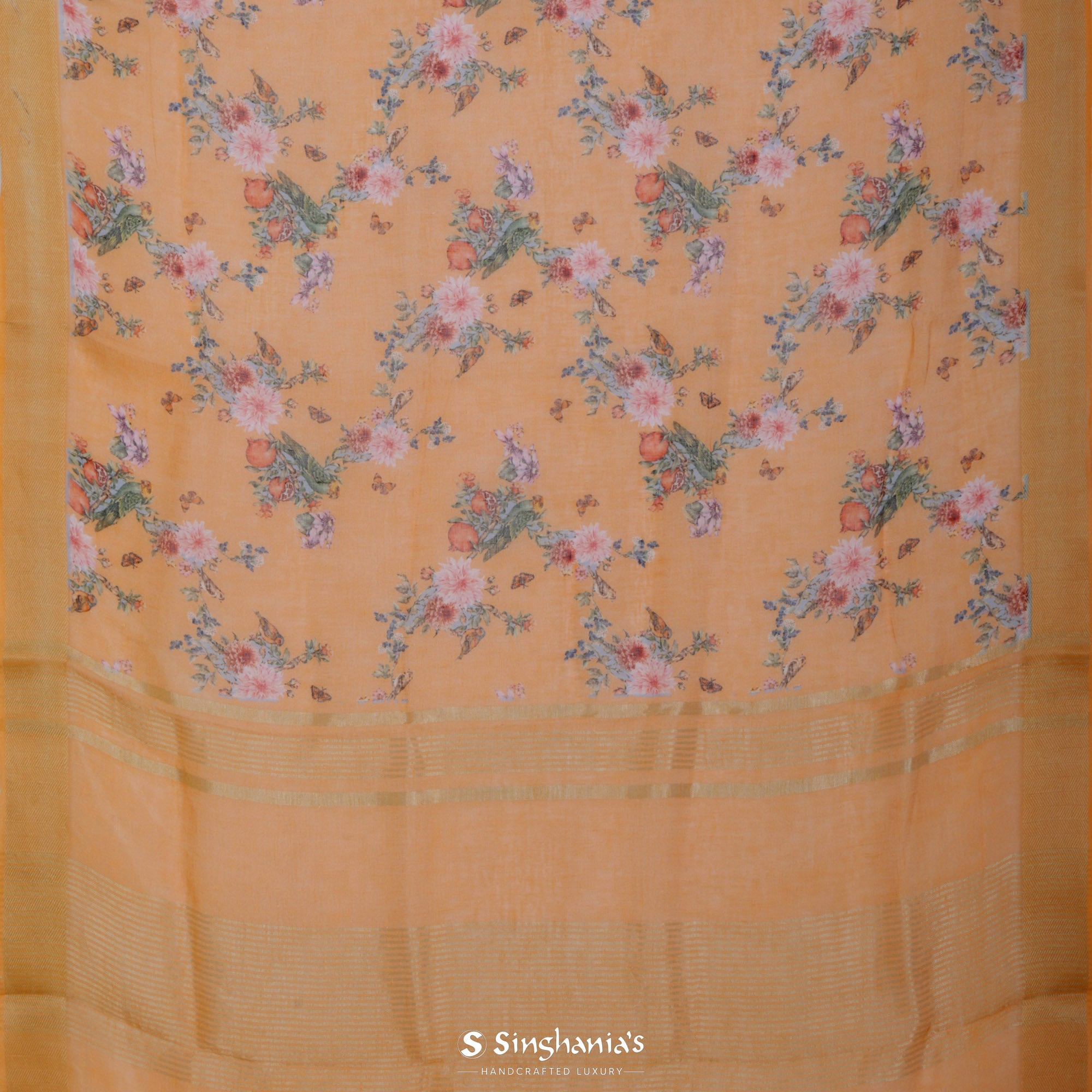 Safflower Orange Printed Linen Saree With Floral Jaal Design