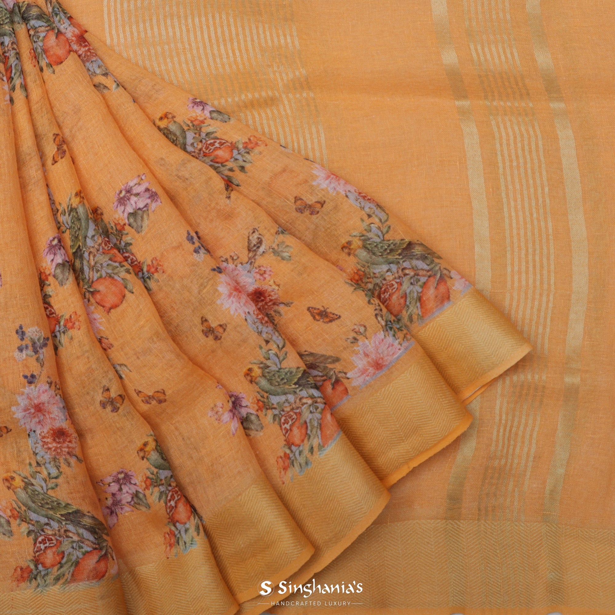 Safflower Orange Printed Linen Saree With Floral Jaal Design