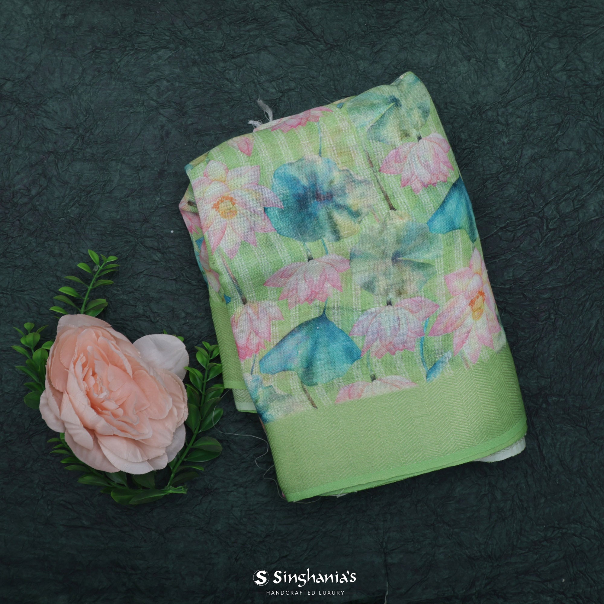 Sage Green Printed Linen Saree With Lotus Motif Pattern
