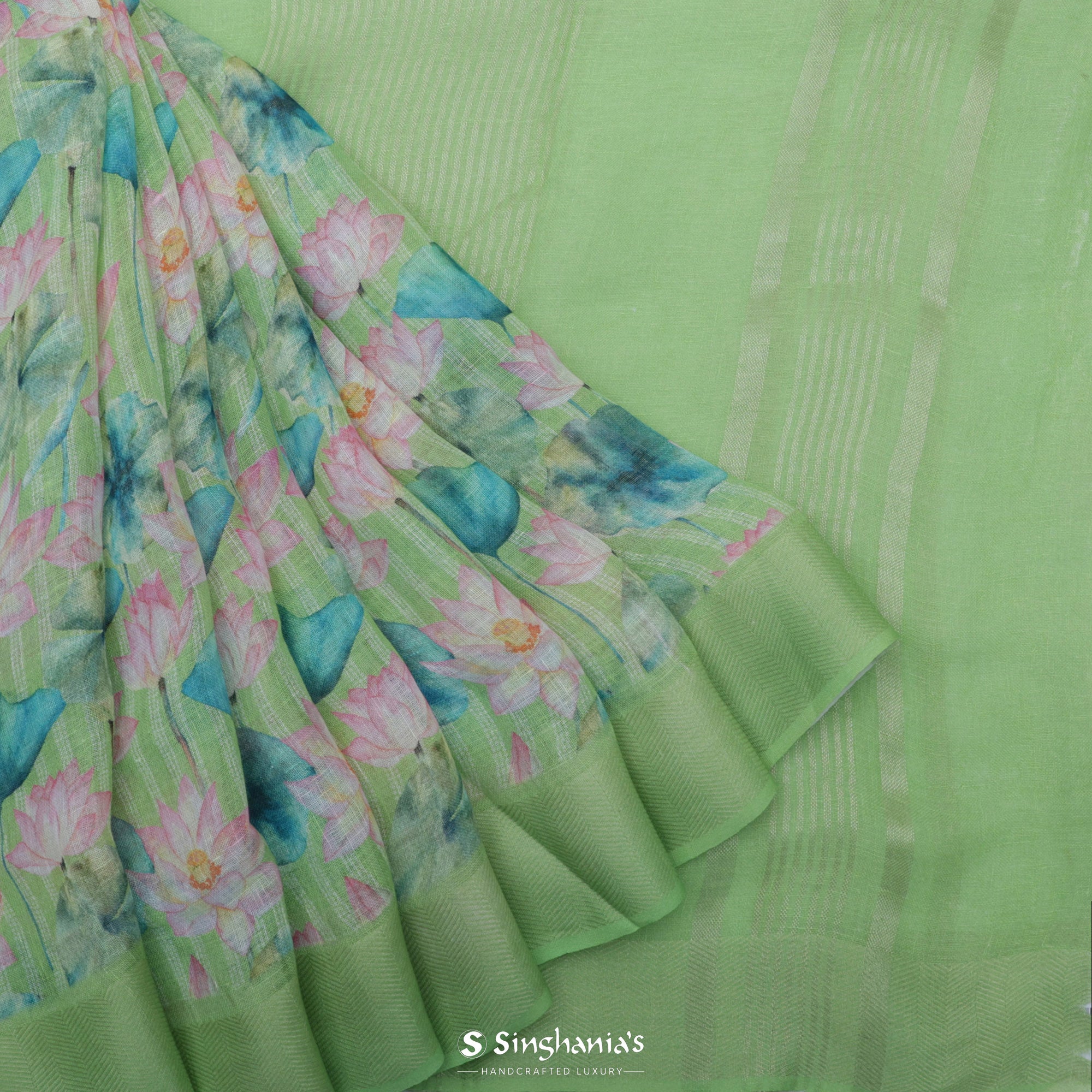Sage Green Printed Linen Saree With Lotus Motif Pattern