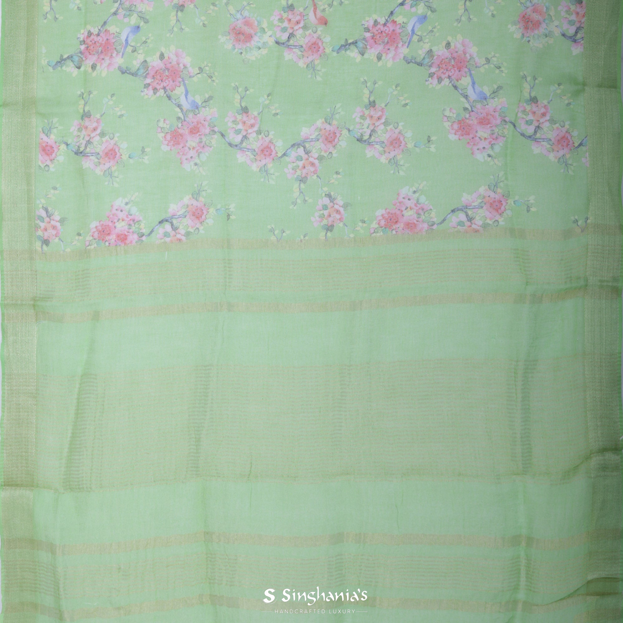 Mantis Green Printed Linen Saree With Floral Jaal Design