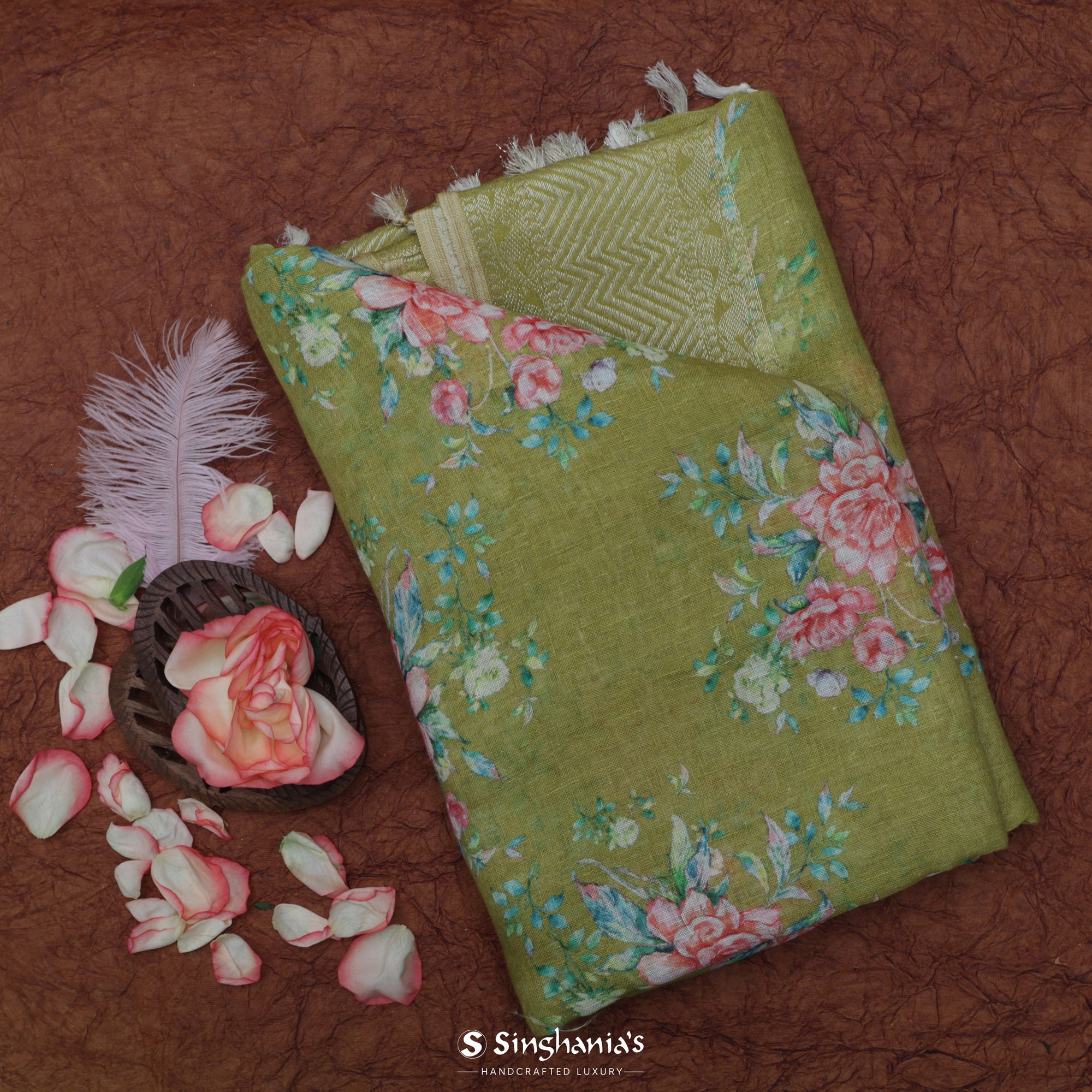 Moss Green Printed Linen Saree With Floral Jaal Pattern