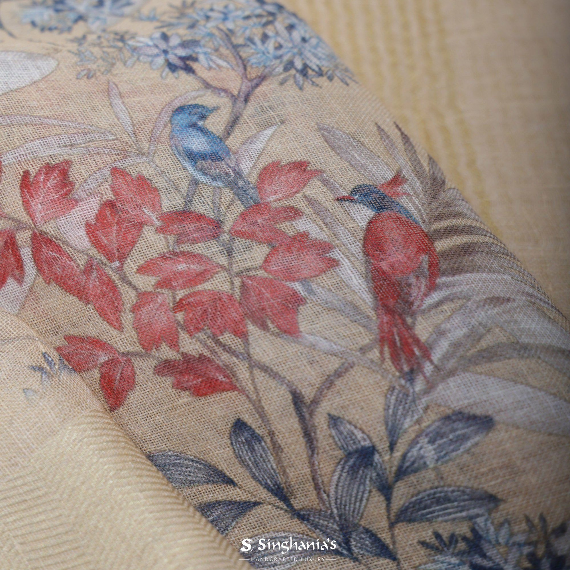 Bisque Brown Printed Linen Saree With Floral Jaal Design