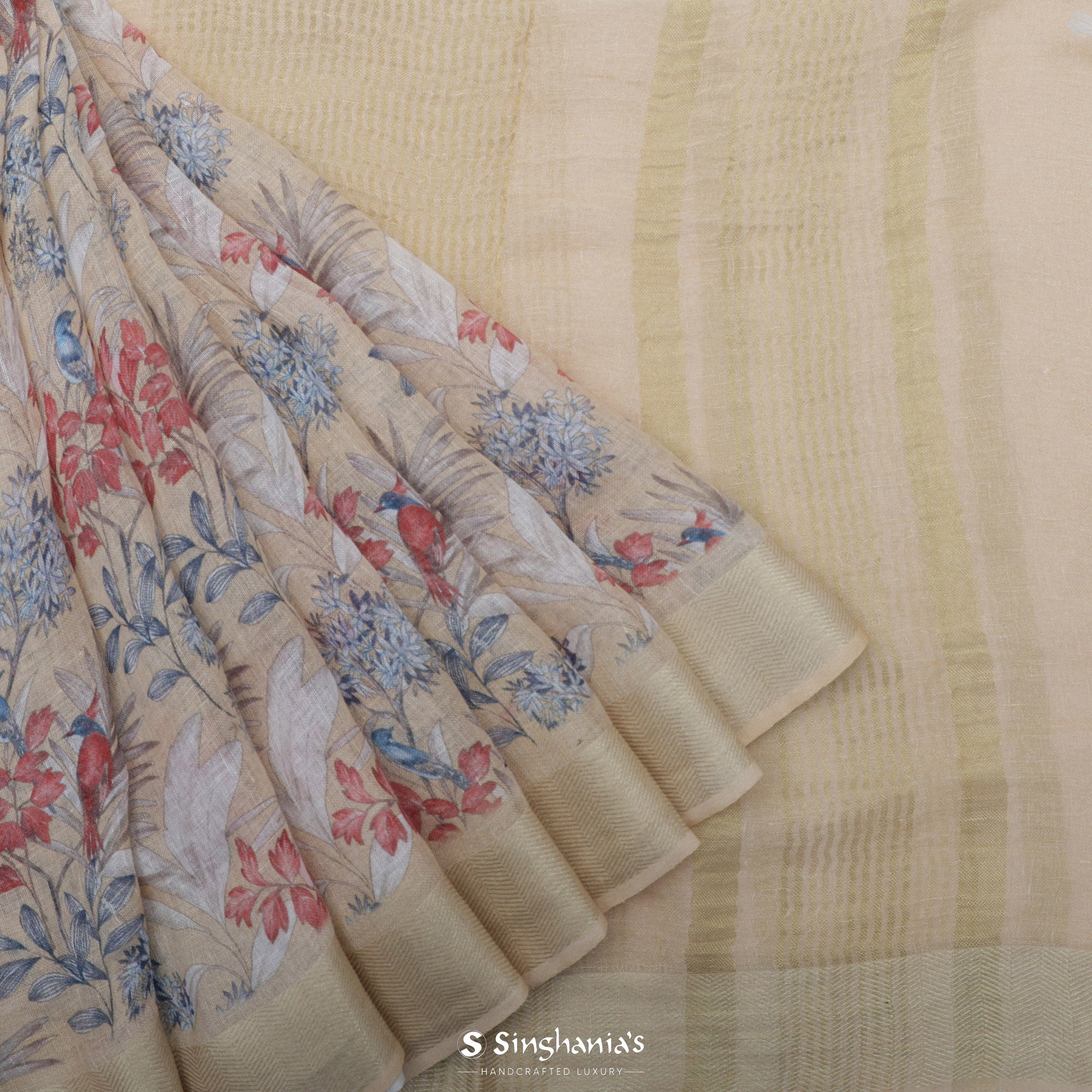 Bisque Brown Printed Linen Saree With Floral Jaal Design