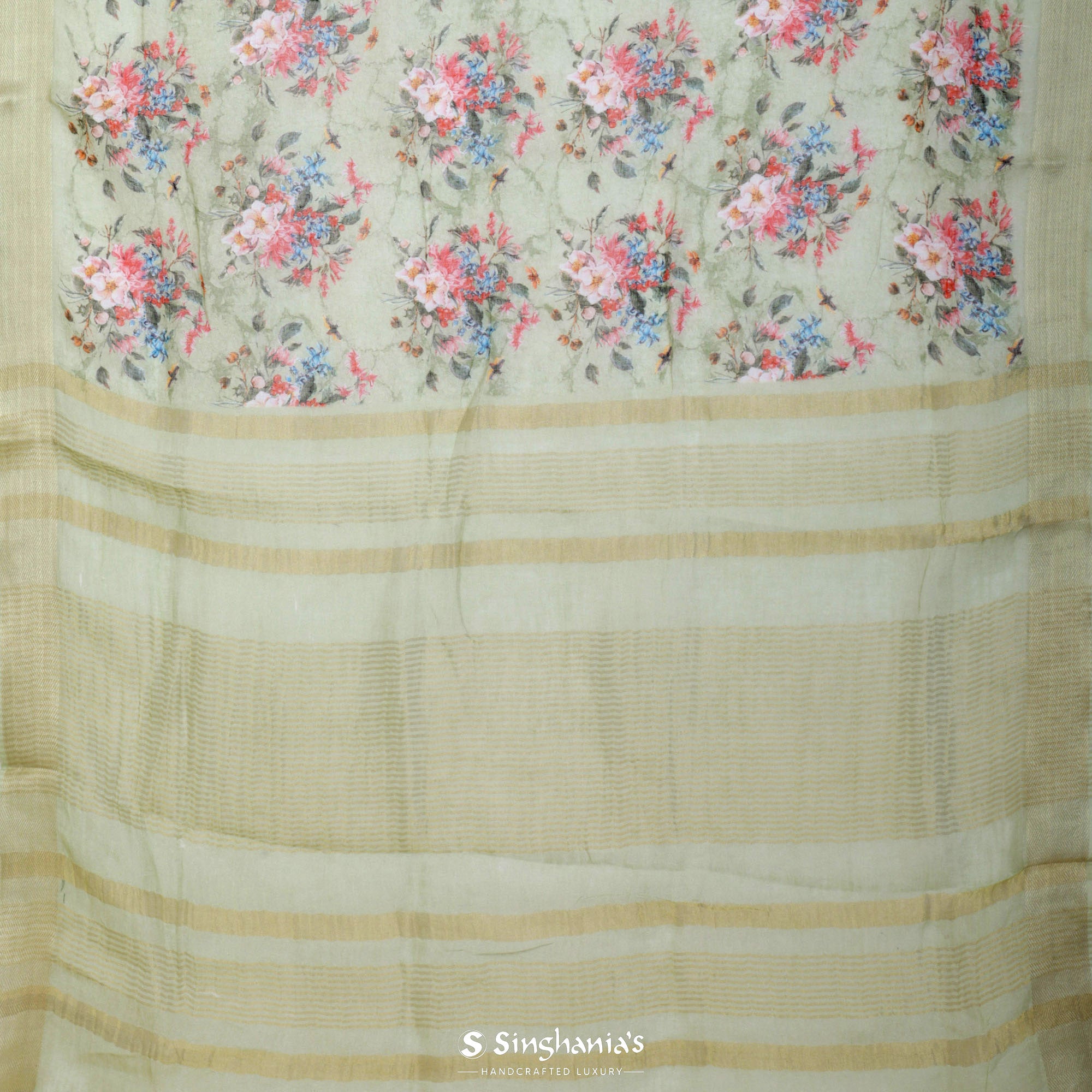 Gin Green Printed Linen Saree With Floral Jaal Design