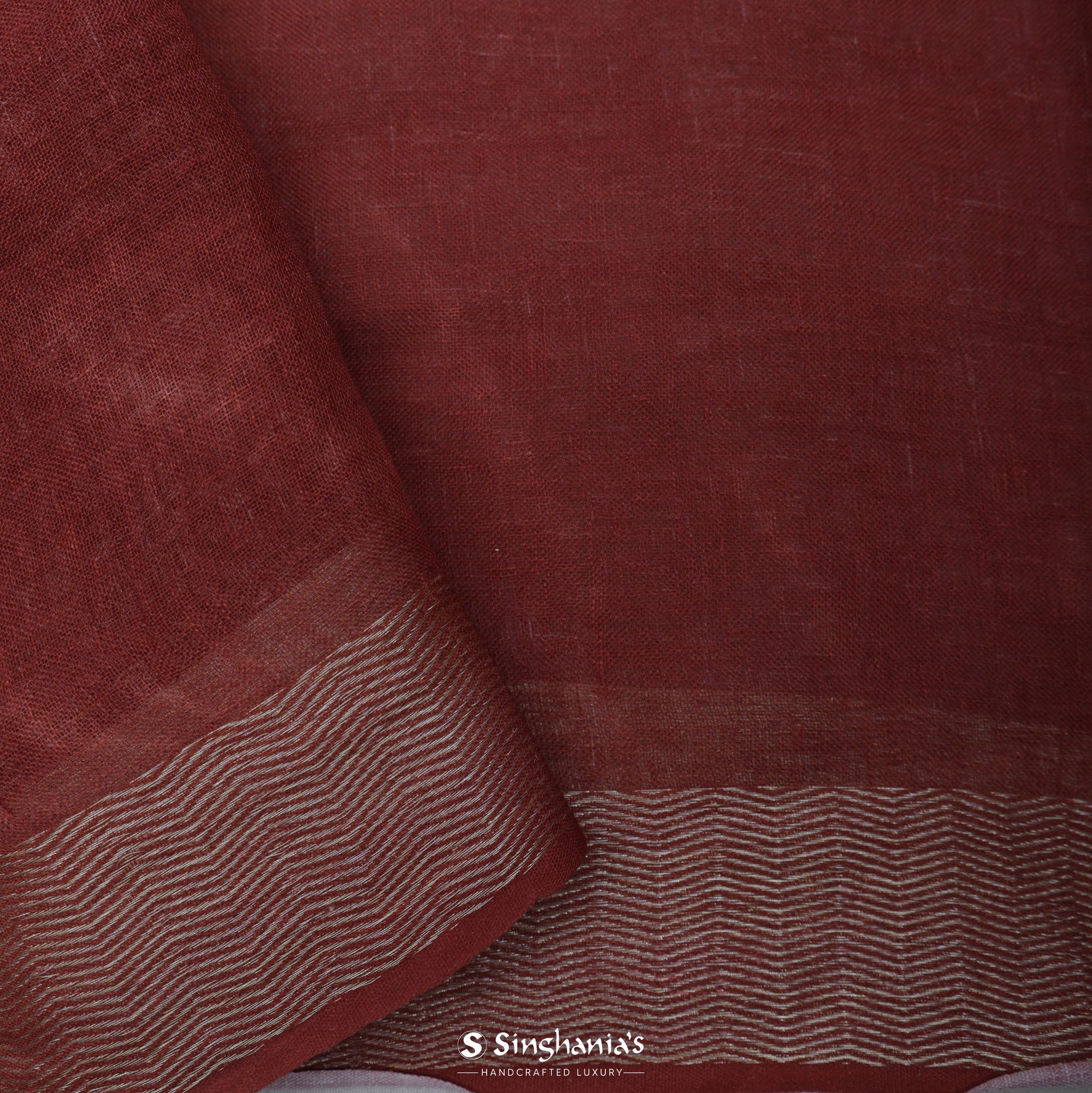 Cordovan Red Printed Linen Saree With Floral Jaal Design