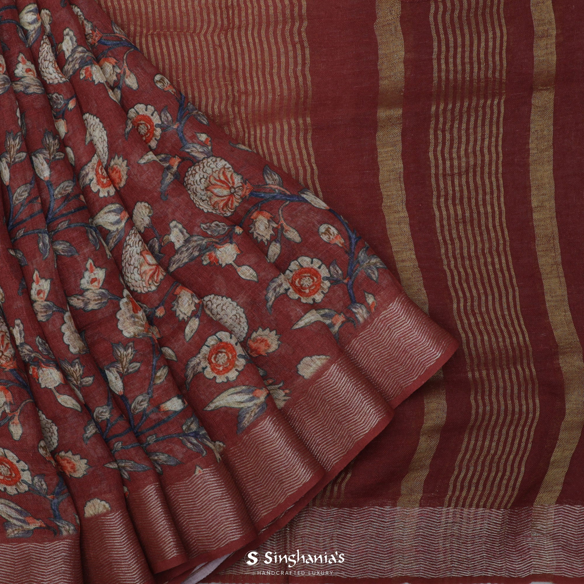 Cordovan Red Printed Linen Saree With Floral Jaal Design
