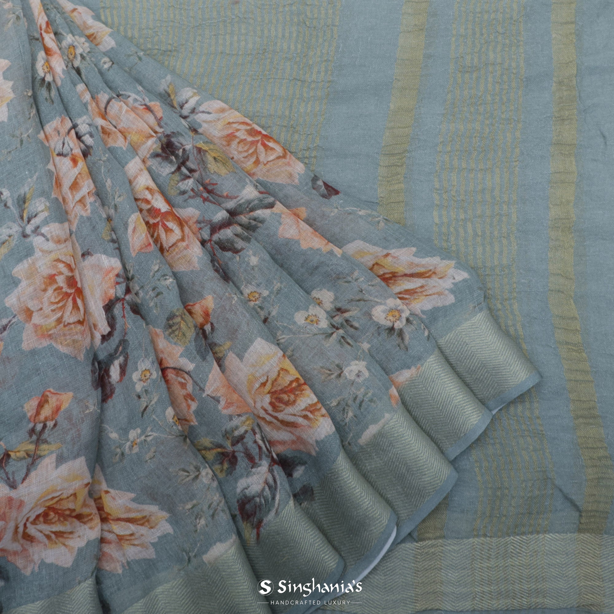 Columbia Blue Printed Linen Saree With Floral Jaal Design