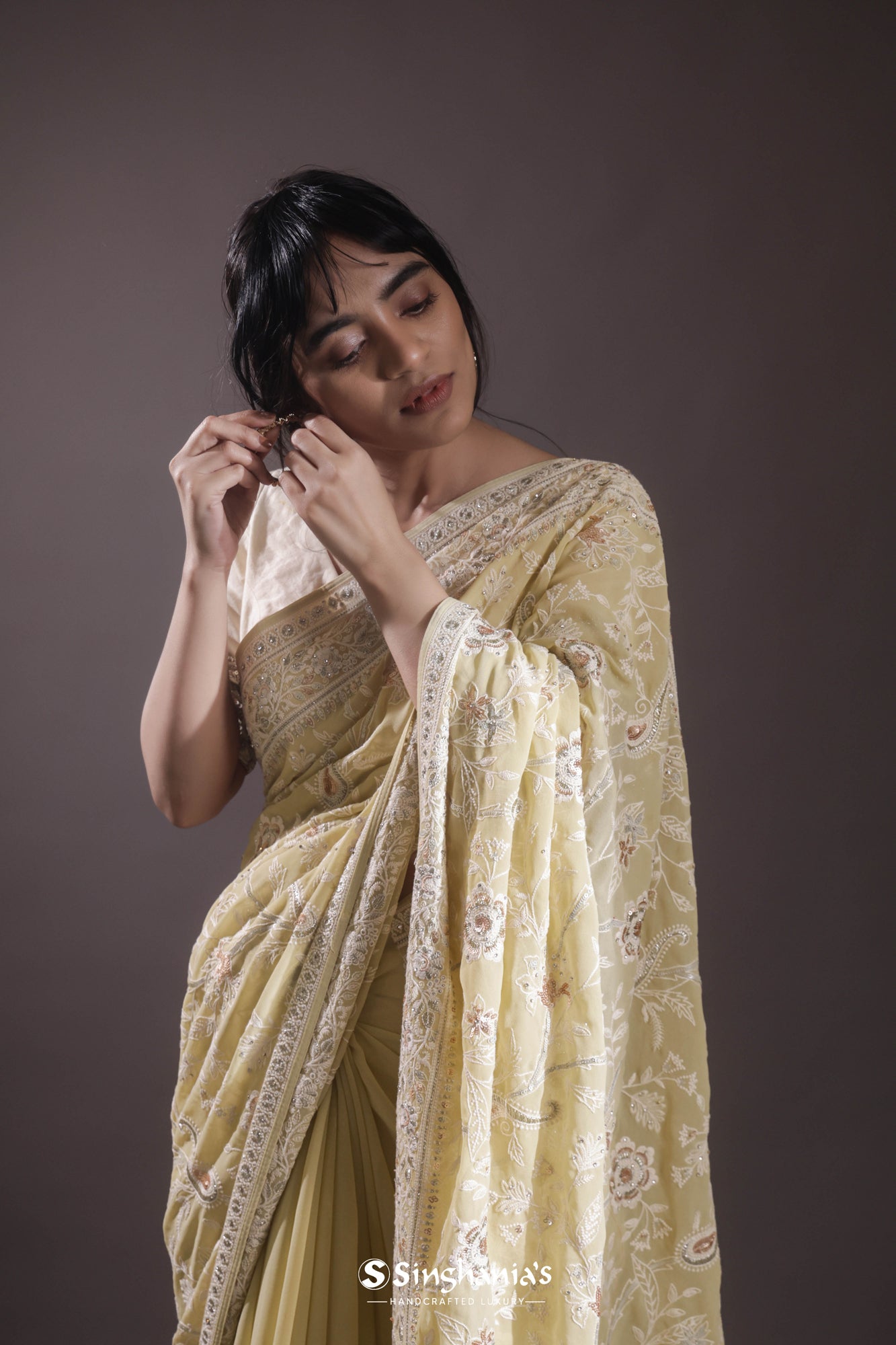 Pale Yellow Georgette Lucknowi Saree
