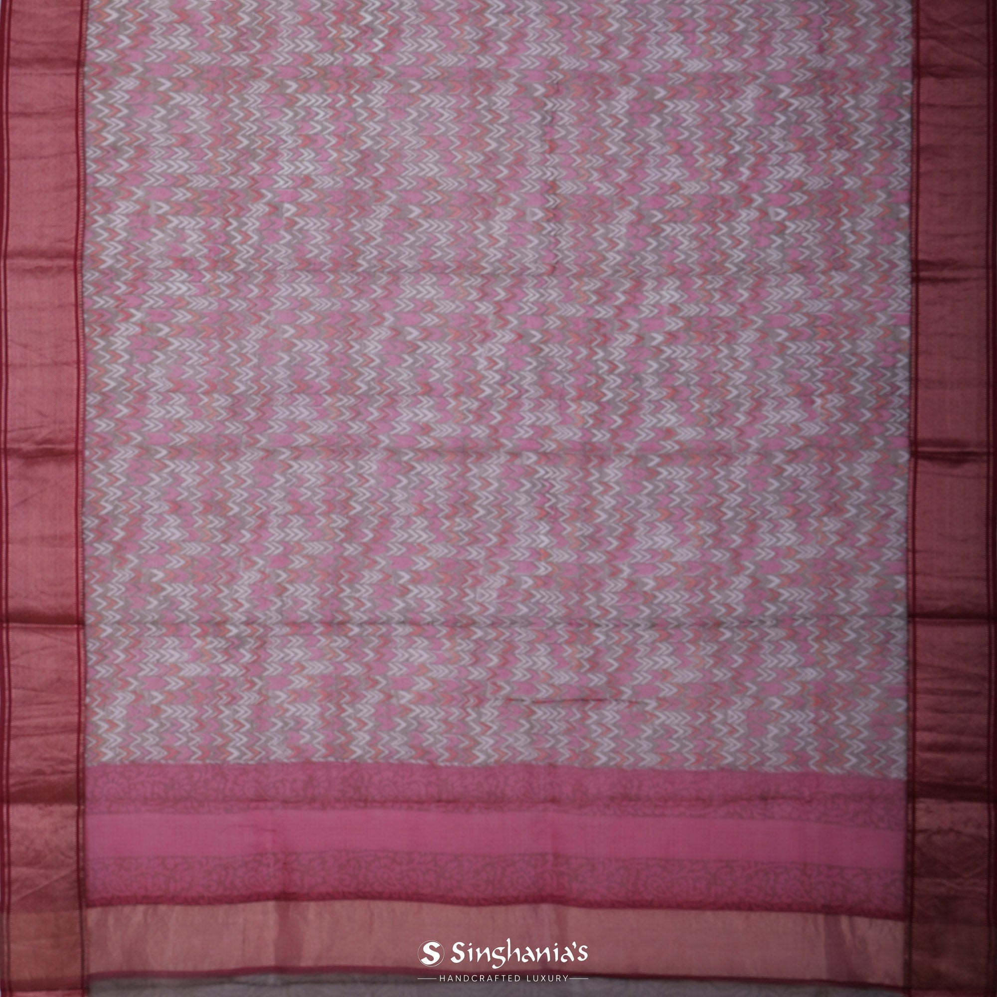 Paradise Pink Multicolour Printed Maheshwari Saree With Chevron Design