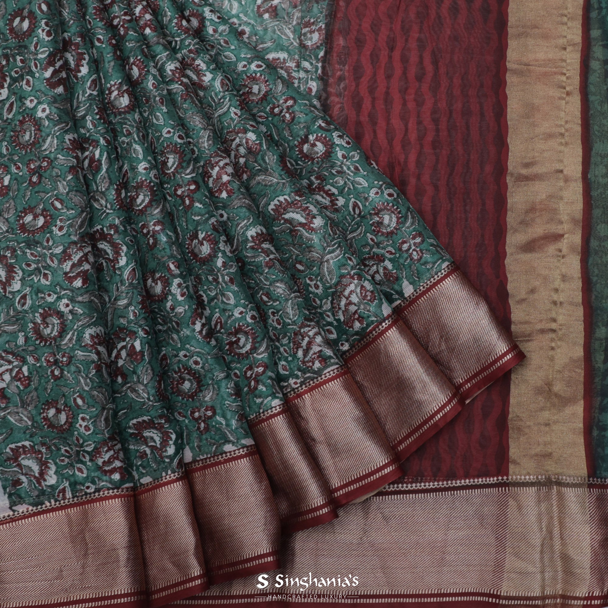 Myrtle Green Printed Maheshwari Silk Saree With Floral Jaal Design