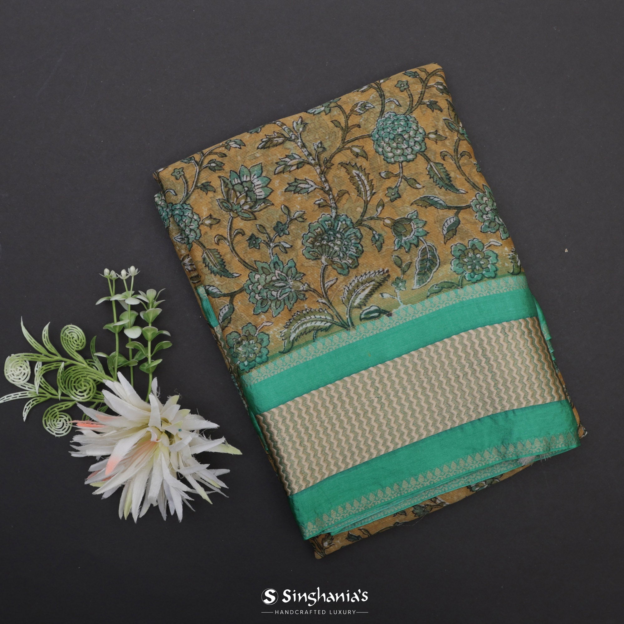 Mineral Yellow Printed Maheshwari Saree With Floral Jaal Design