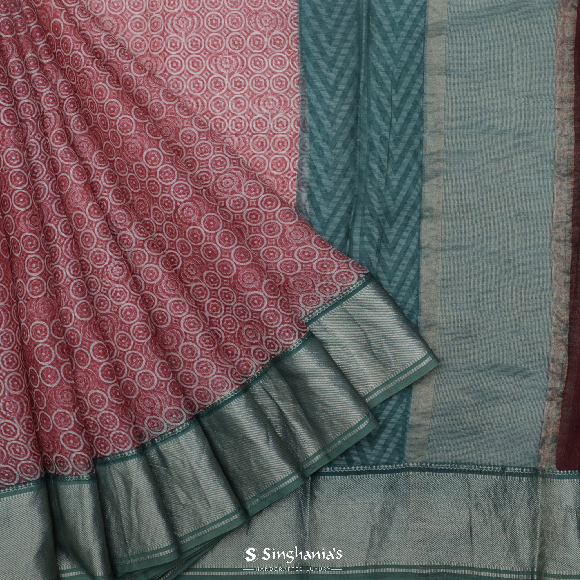 Rose Red Printed Maheshwari Silk Saree With Floral Motif Pattern