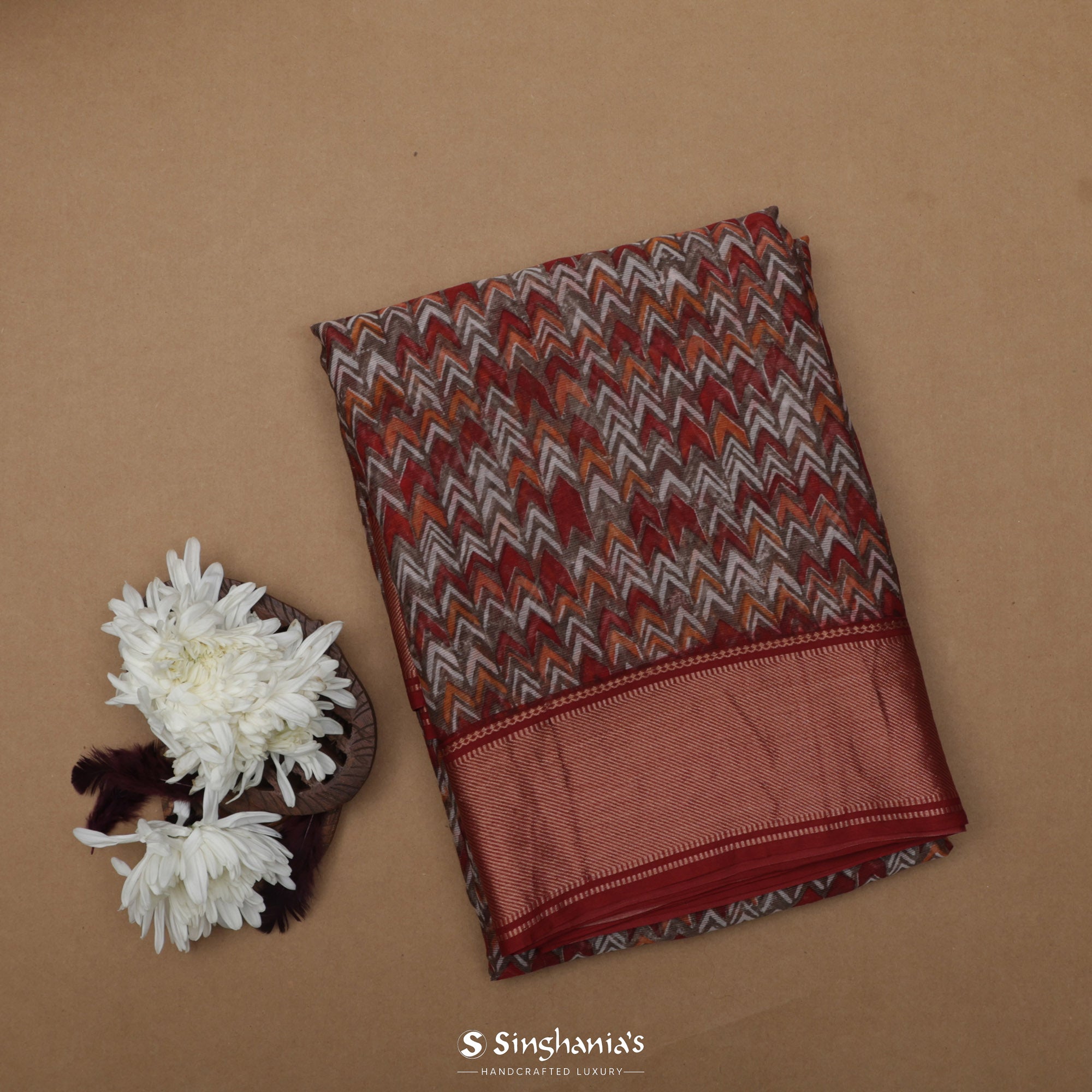 Deep Brown-Red Printed Maheshwari Saree With Geometrical Design