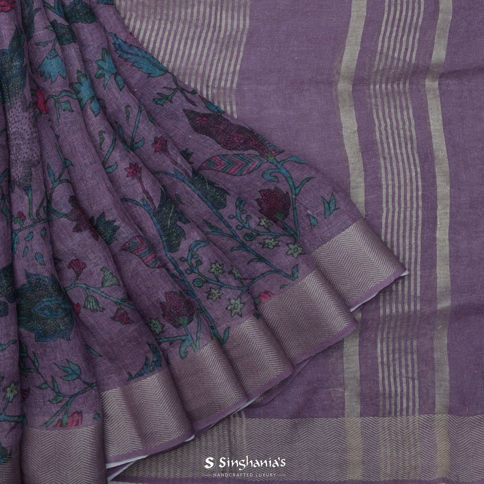 Faded Purple Printed Linen Saree With Floral Jaal Design