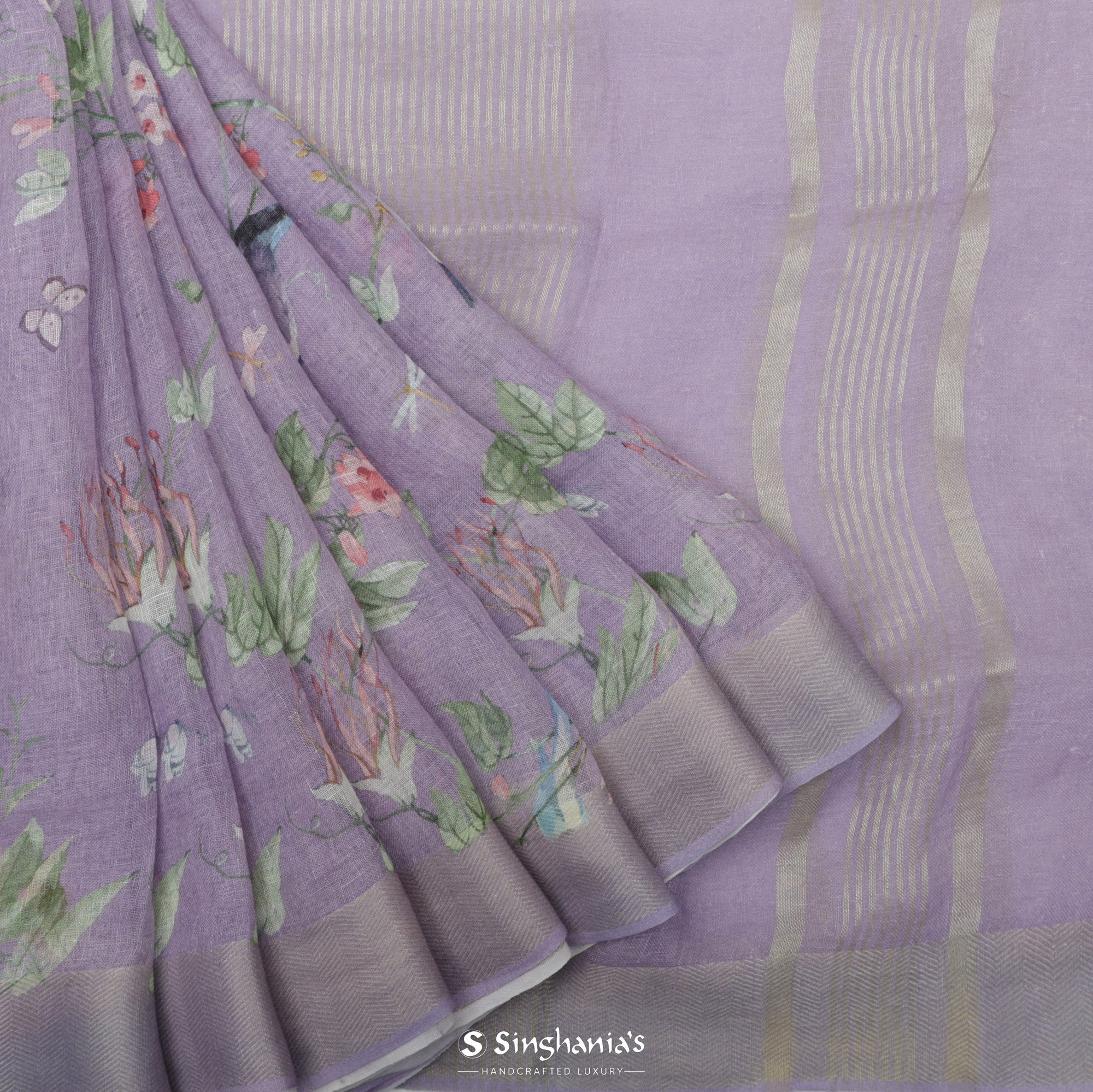 Mauve Printed Linen Saree With Floral Jaal Design