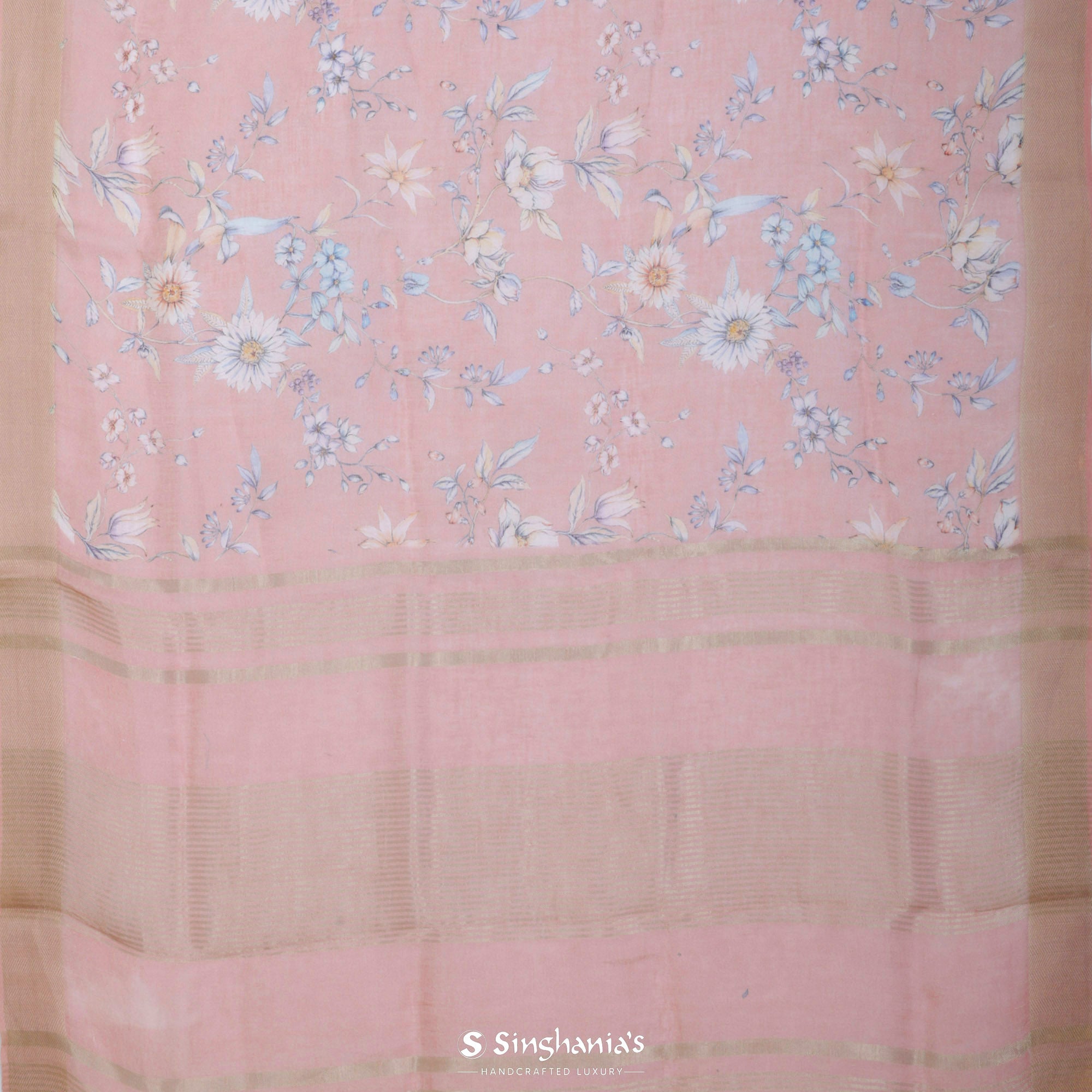 Cameo Pink Printed Linen Saree With Floral Jaal Design