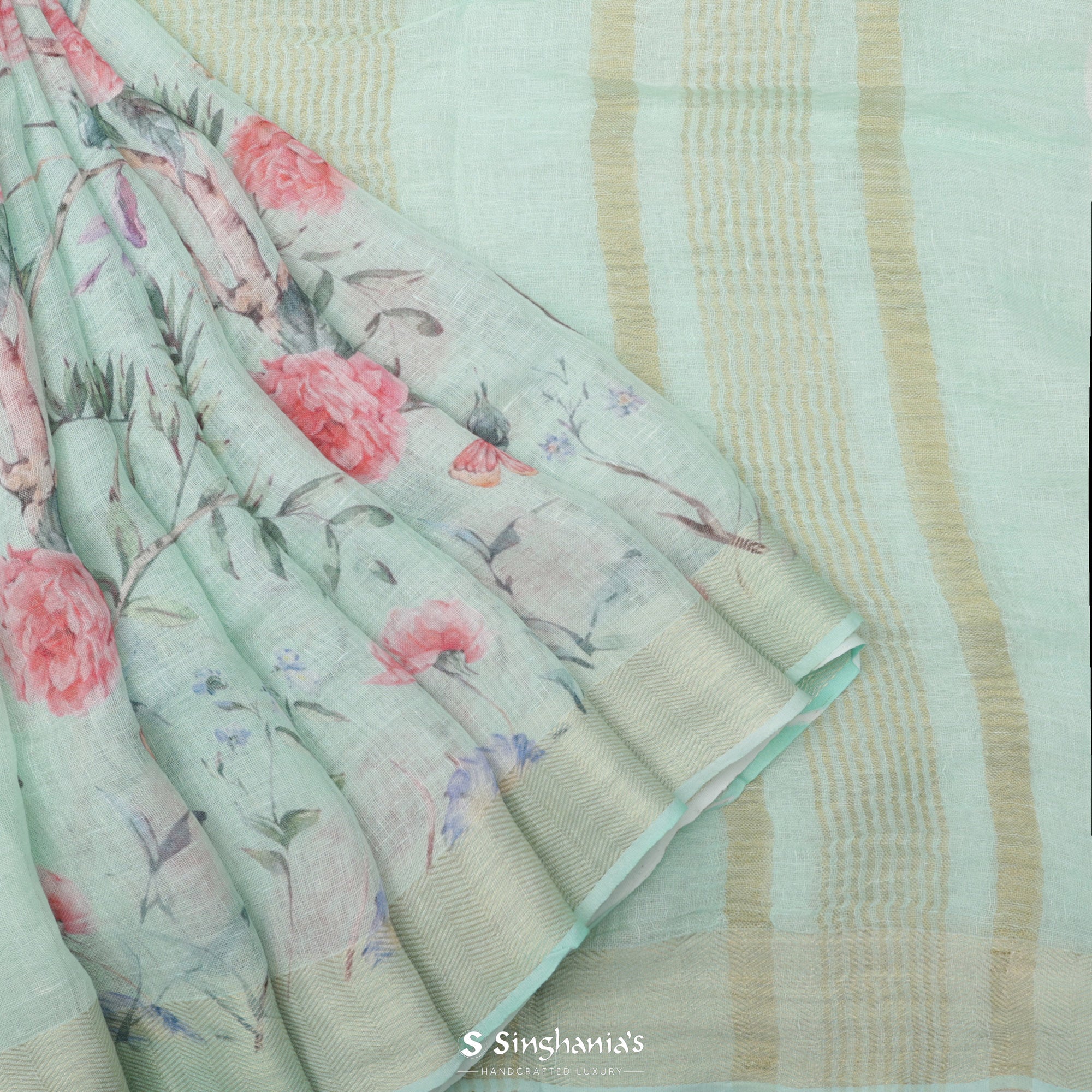Nyanza Green Printed Linen Saree With Floral Jaal Design