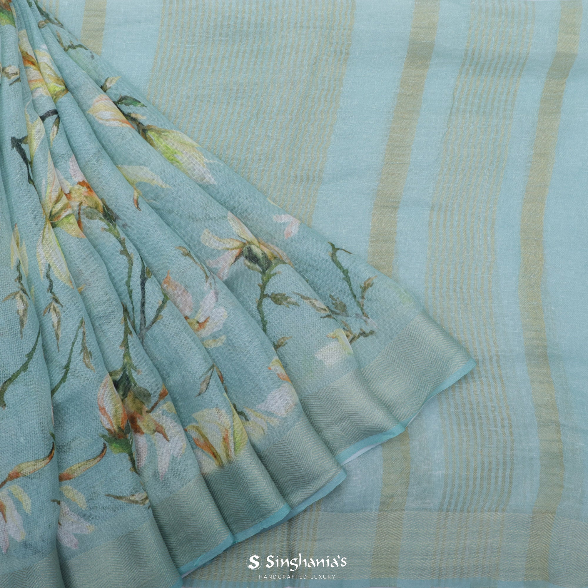 Sky Blue Printed Linen Saree With Floral Jaal Design