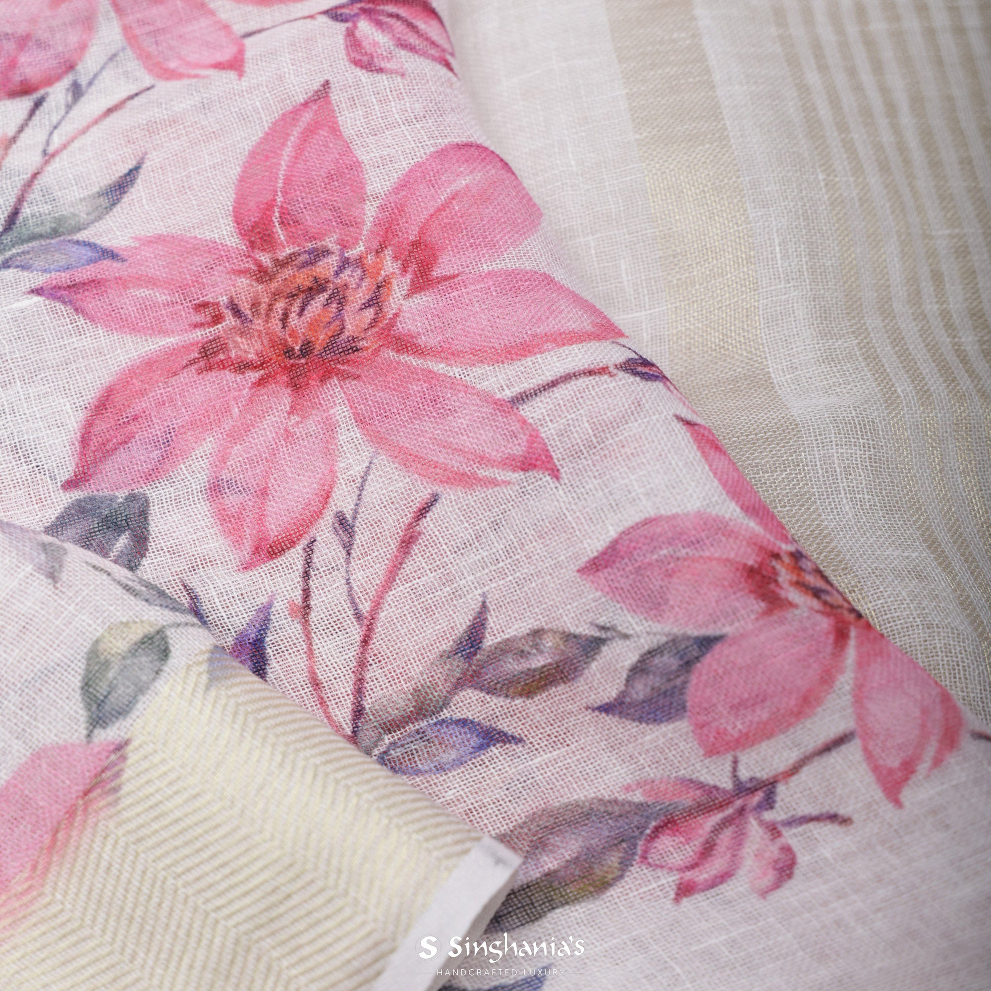Pastel Beige Printed Linen Saree With Floral Jaal Design