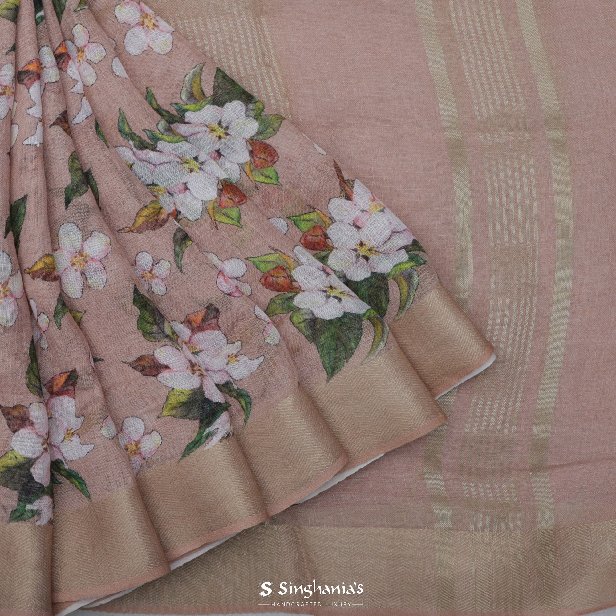 Gold Pink Printed Linen Saree With Floral Jaal Design