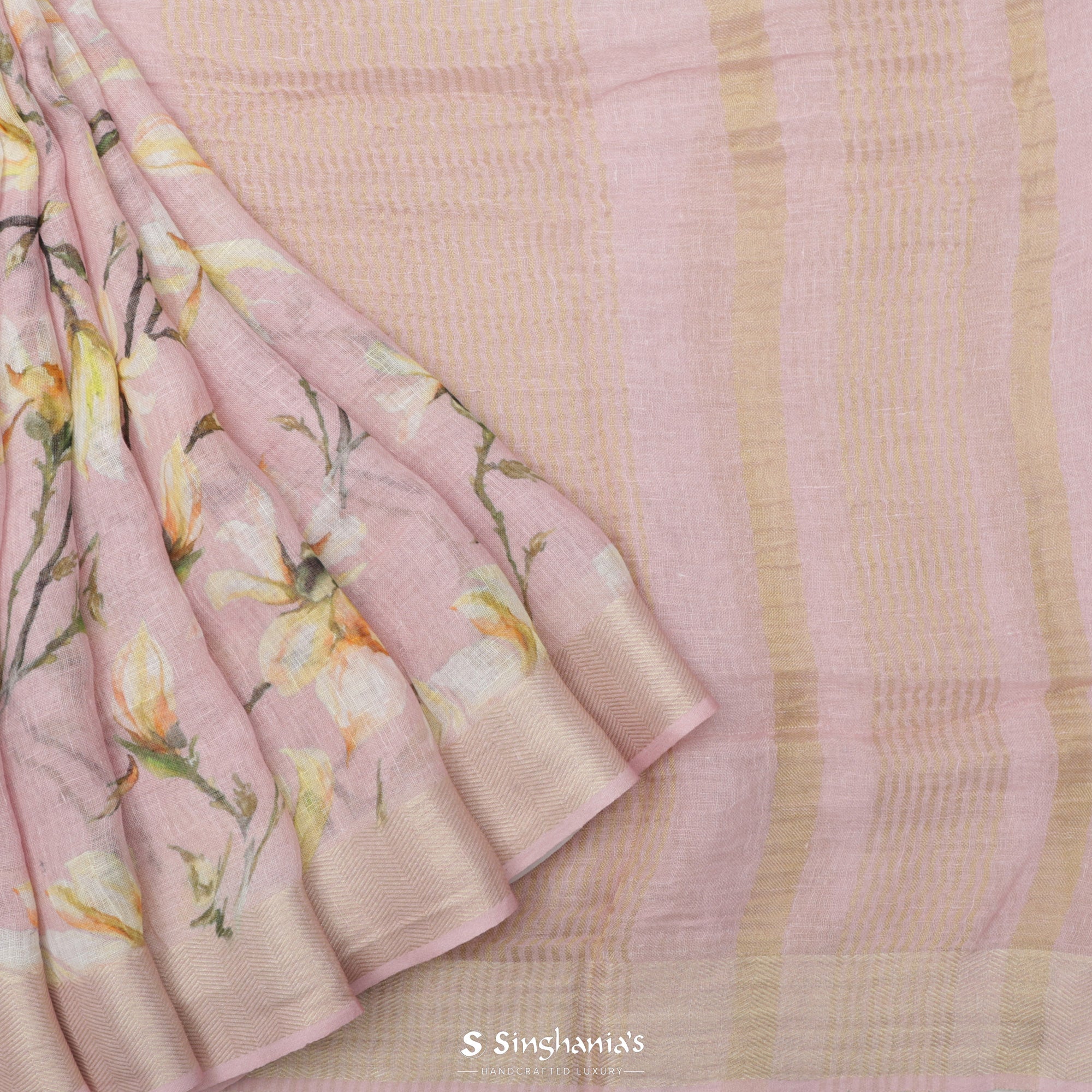 Lace Pink Printed Linen Saree With Floral Jaal Design