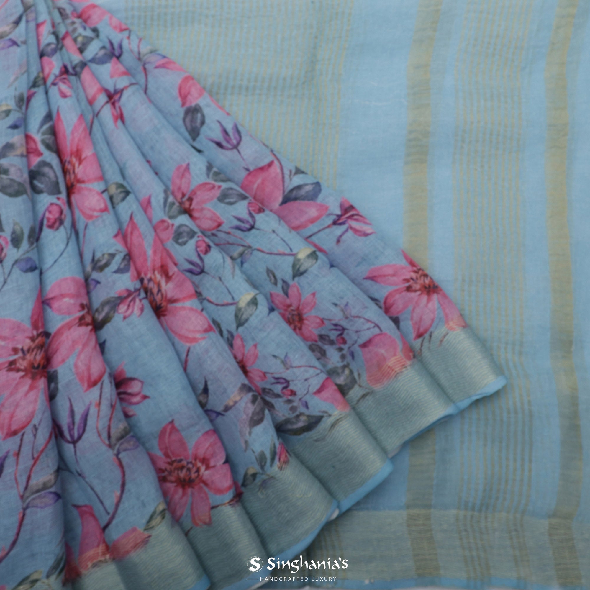 Uranian Blue Printed Linen Saree With Floral Jaal Design
