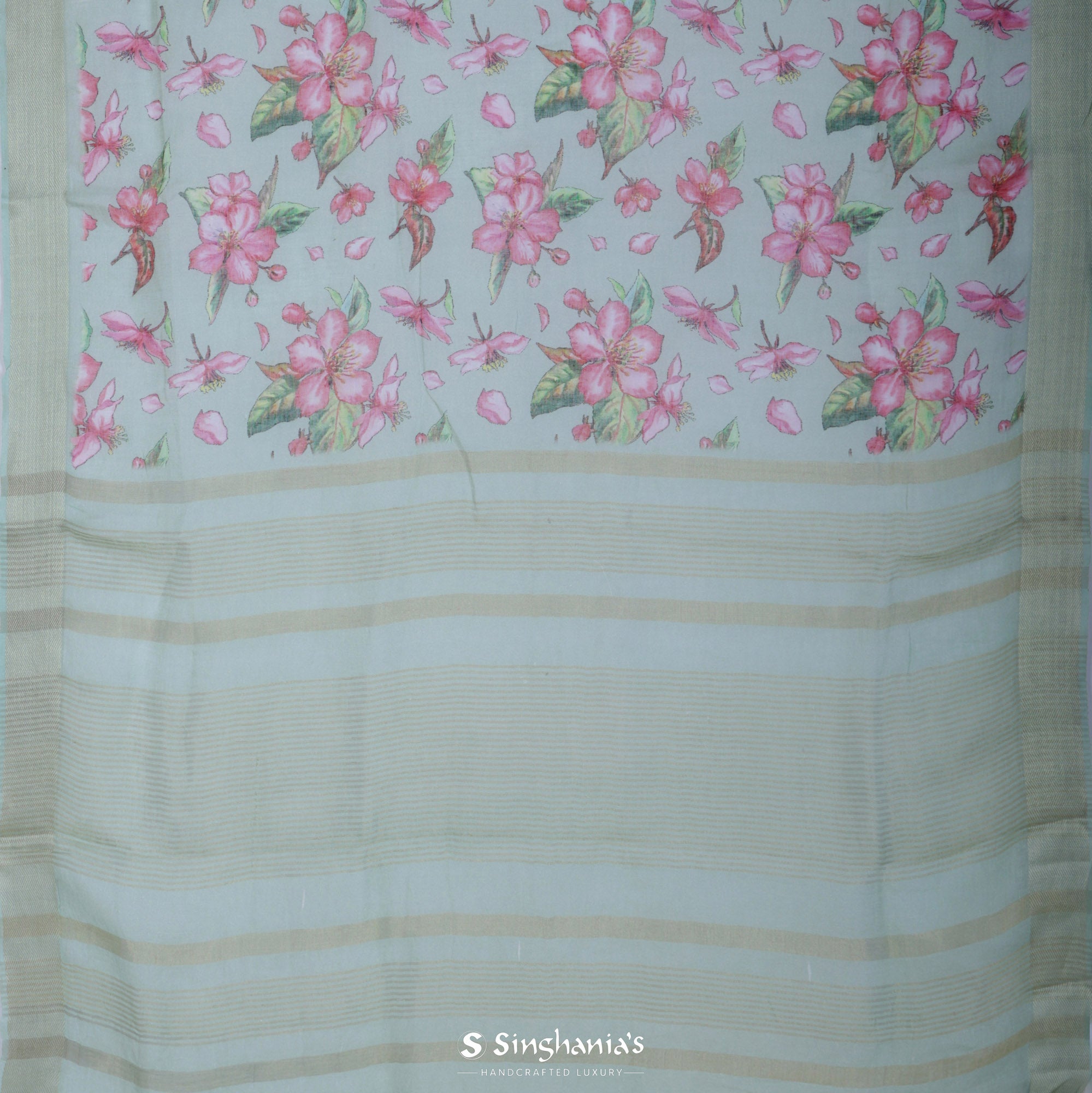 Pastel Blue-Green Printed Linen Saree With Floral Jaal Design